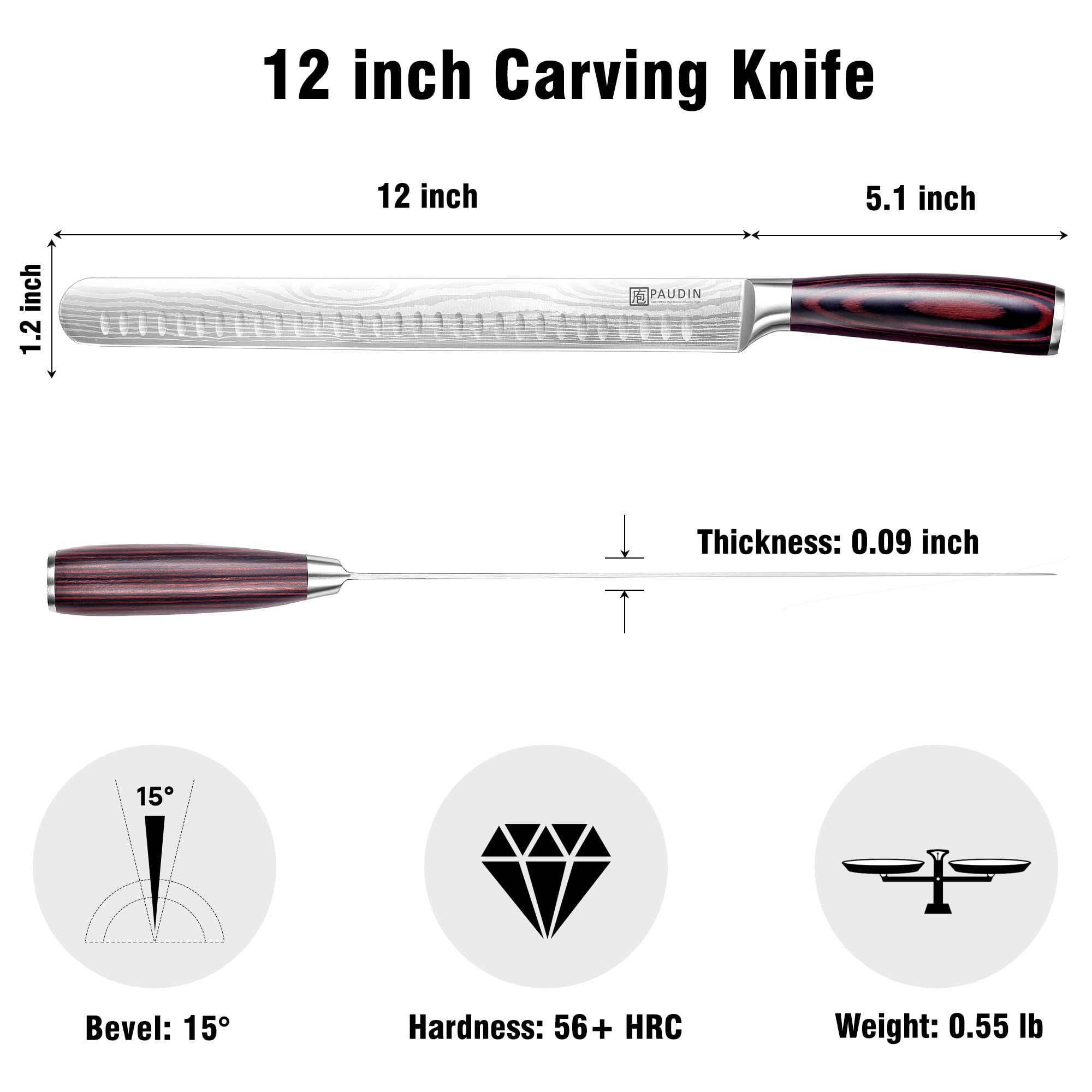 PAUDIN Brisket Knife, 12 Inch Carving Knife, Razor Sharp High Carbon Steel — Amazon image 5
