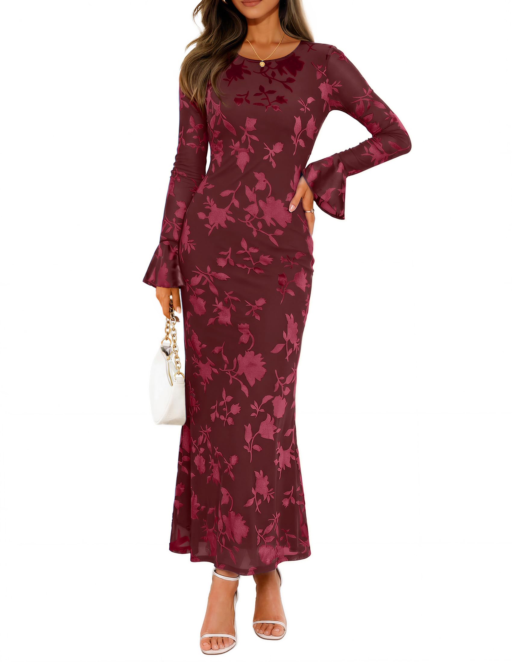 Photo 1 of ZESICA Women's Long Sleeve Maxi Dress M Wine