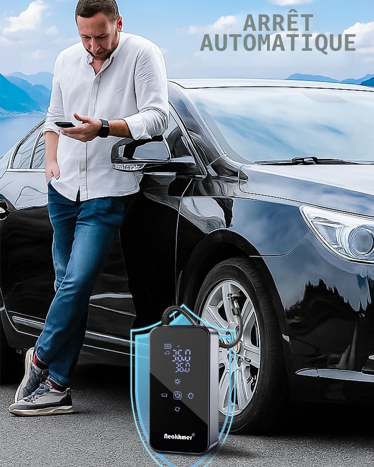 Gonfleur Pneus Voiture Compresseur Air: 150PSI Compresseur à Air Portatifr | Batterie 6000mAh,Mini Pompe a Velo Electrique 12V avec Manomètre de Pression pour Voiture, Moto, Sans Fil et Facile à Utilise