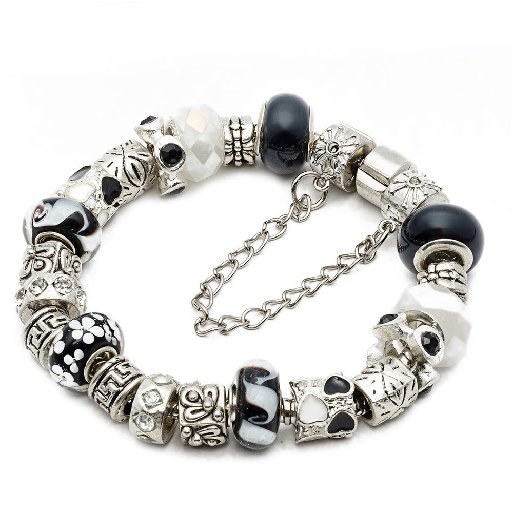 RUBYCA Love European Charm Bracelet Kit w/Cz Silver Murano Glass Beads Bracelets Silver Tone