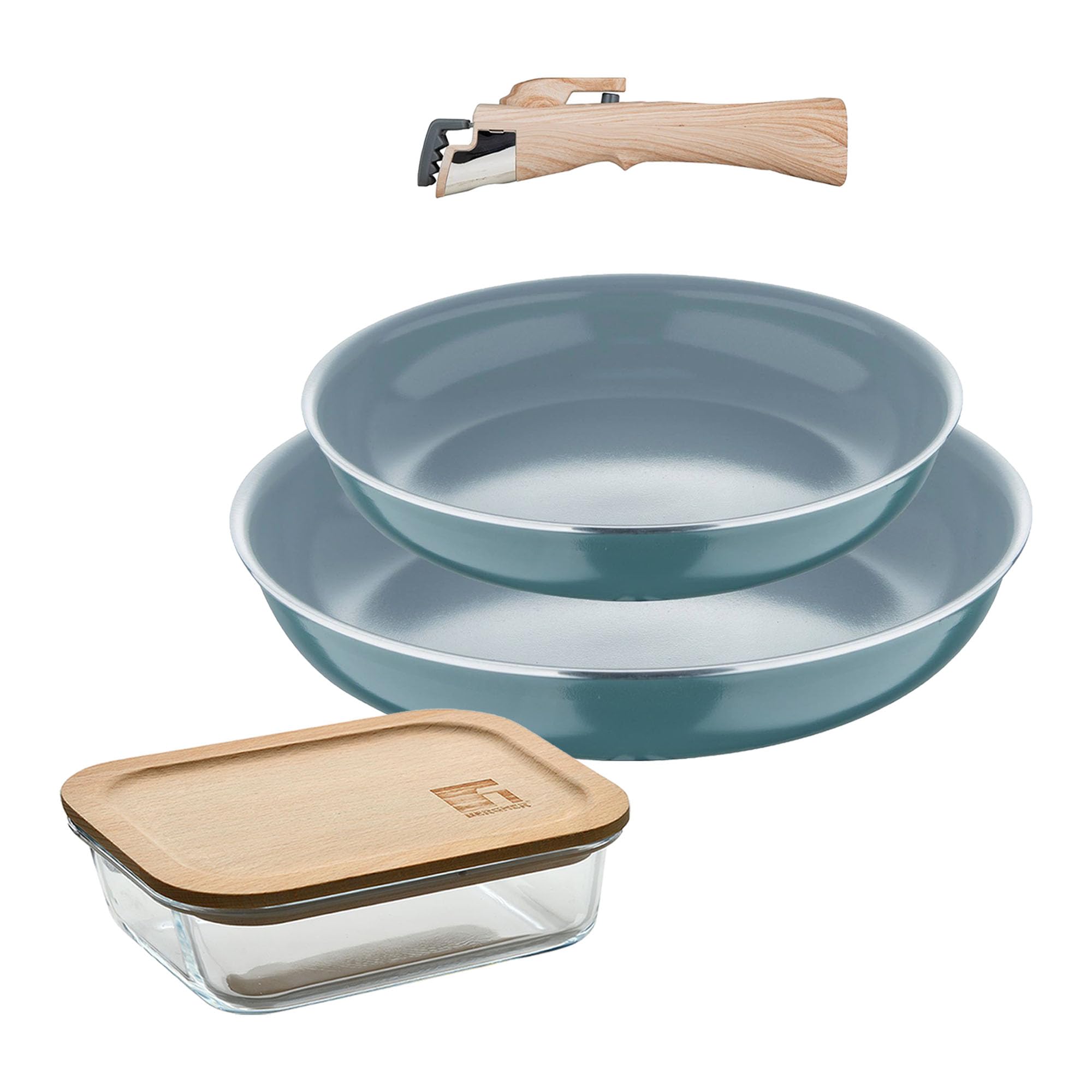 Bergner Click&Cook Juego de 2 Sartenes Ø24Ø28cm Aluminio prensado reciclado Verde con Mango extraíble+Hermético de 650ml en vidrio de borosilicato