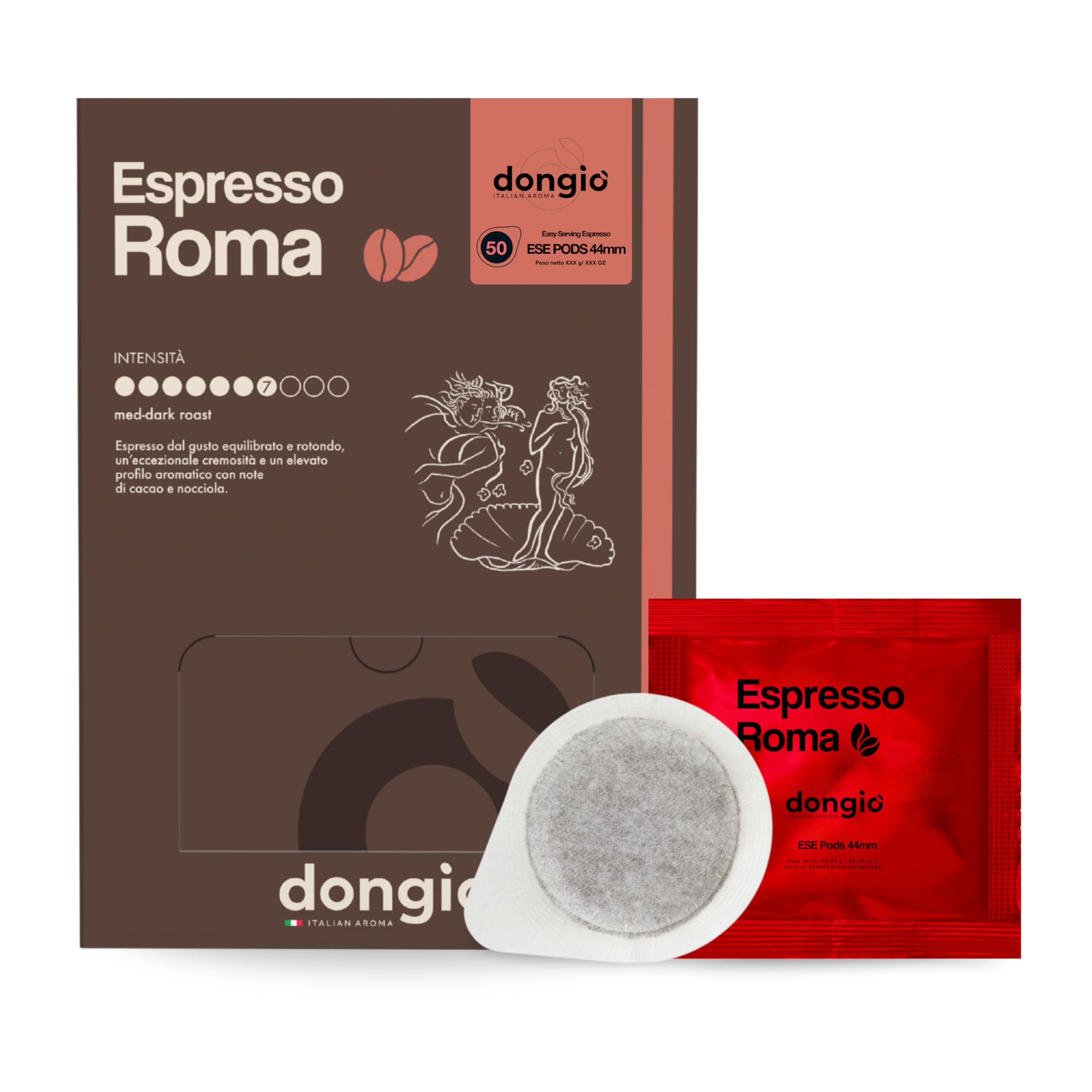 DONGIO CAFFE Espresso Roma by CAFFÈ, Pack of 50 Single-Serve Coffee Pods, ESE 44mm, Medium Espresso Roast, Coffee Blended and Roasted in Italy (Intensity 7/10)