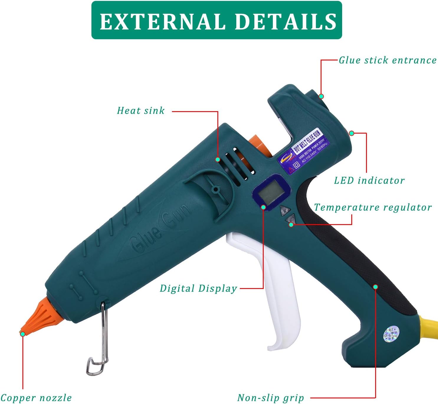 Full Size Hot Glue Gun 500 Watts High Power Industrial Manufacture Thermostat Temperature Adjustable LED Digital Display 0.43" 11mm Glue Sticks