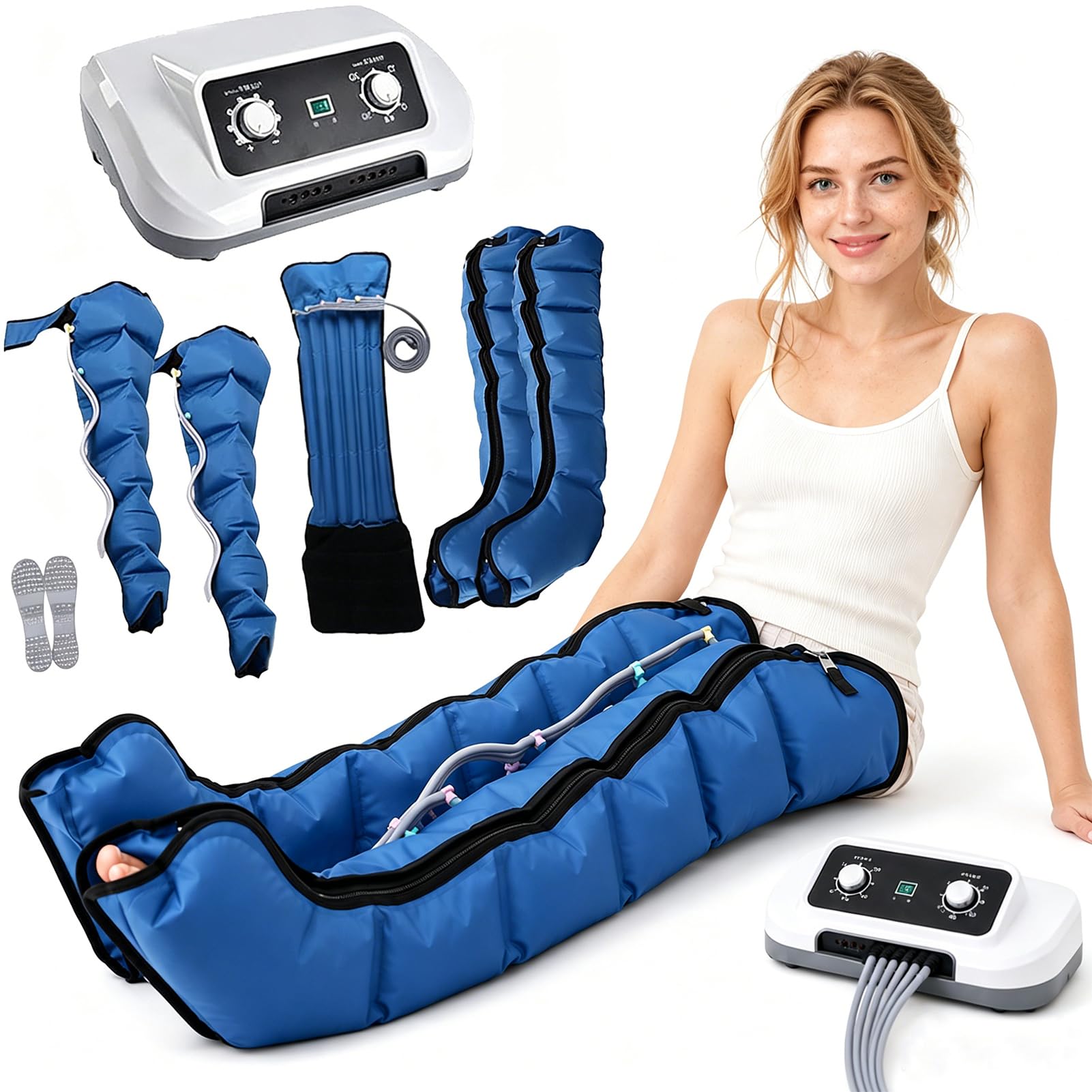 SXSLTSA Pressotherapy and Lymphatic Drainage, 6-Cavity Pressotherapy Boots, Electric Air Compression Massager Machine, Lymphoedema Treatment for Legs, Lymphedema Pump (Blue, 2legs+2arms+1waist)