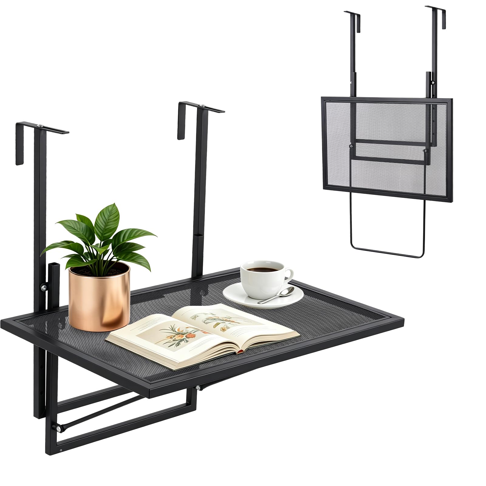 Table de balcon pliable à suspendre, réglable en hauteur, pour balustrade, 60 x 40 cm, en acier, petite table de balcon, résistante aux intempéries, table de balcon à suspendre