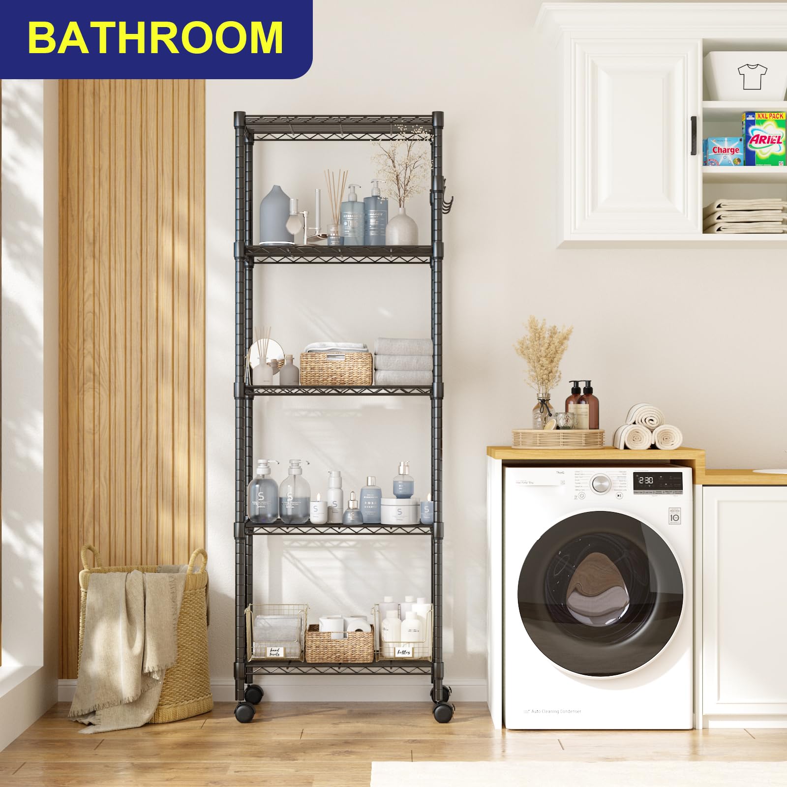 Himimi Scaffale con ruote, in metallo su ruote, regolabile in altezza, con 5 ripiani, per cucina, bagno, dispensa, 35 x 59 x 183 cm, colore nero