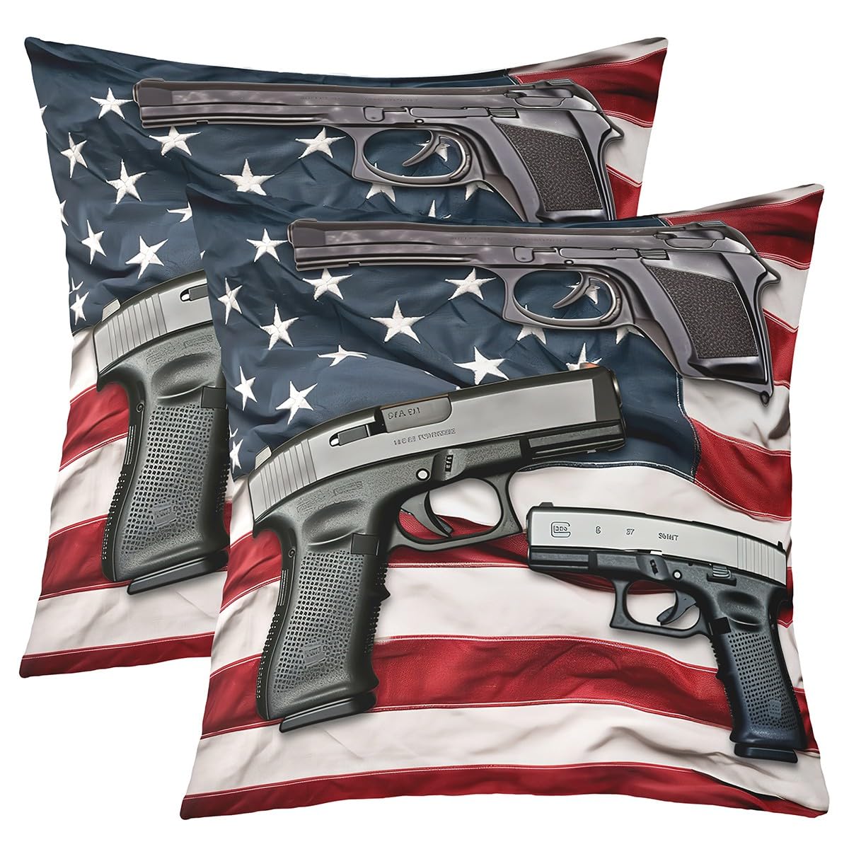 Loussiesd Set of 2 American Flag Throw Pillow Covers, Gun Cushion Case for Home Living Room Decor, Reversible Army Rifle Machine Gun Decorative 45x45cm