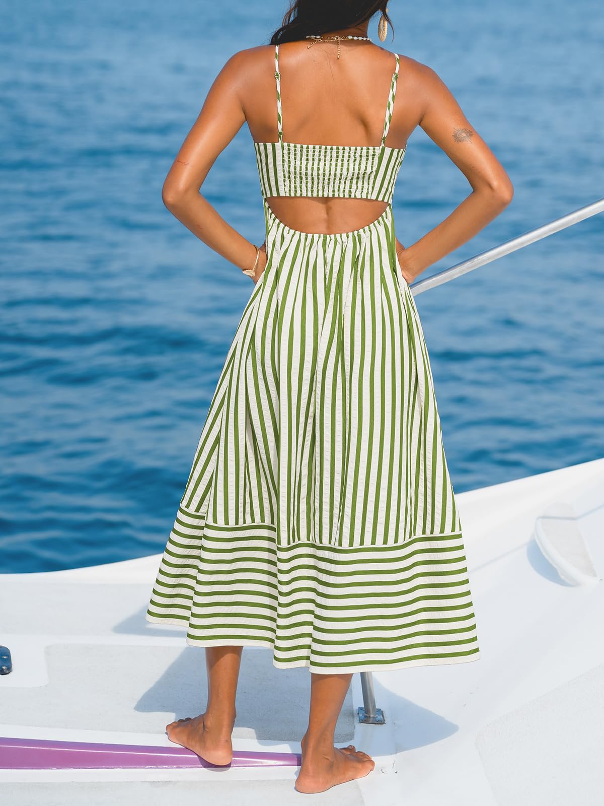 CUPSHE Vestido largo de verano para mujer, a rayas, sin mangas, cuello cuadrado, espalda descubierta, tirantes, casual, playa, 2026