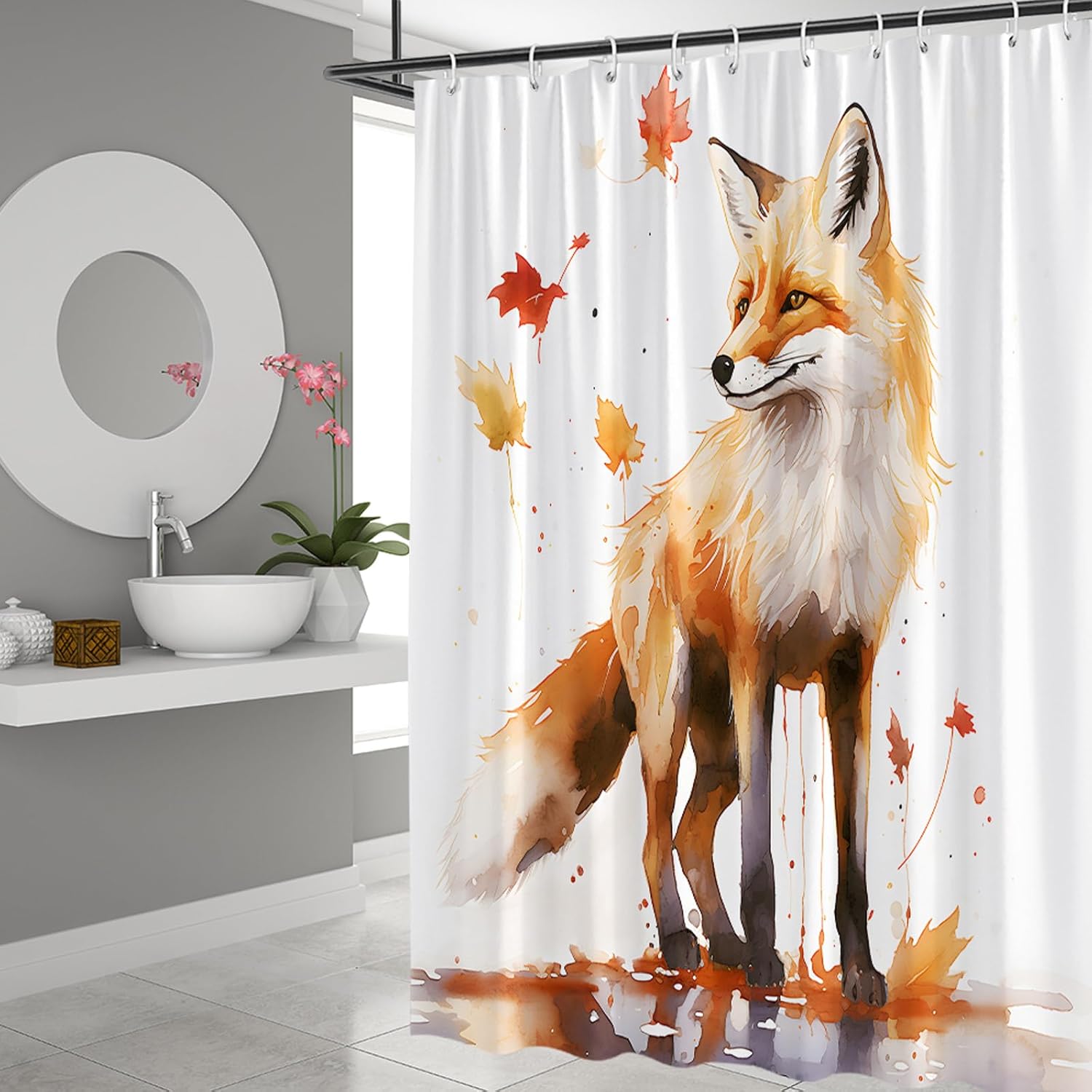 Fox Shower Curtain Forest Animals Autumn Maple Hand Drawn Doodles Oil Painting Style Fabric Bathroom Set with Hook 84Wx70H Inch