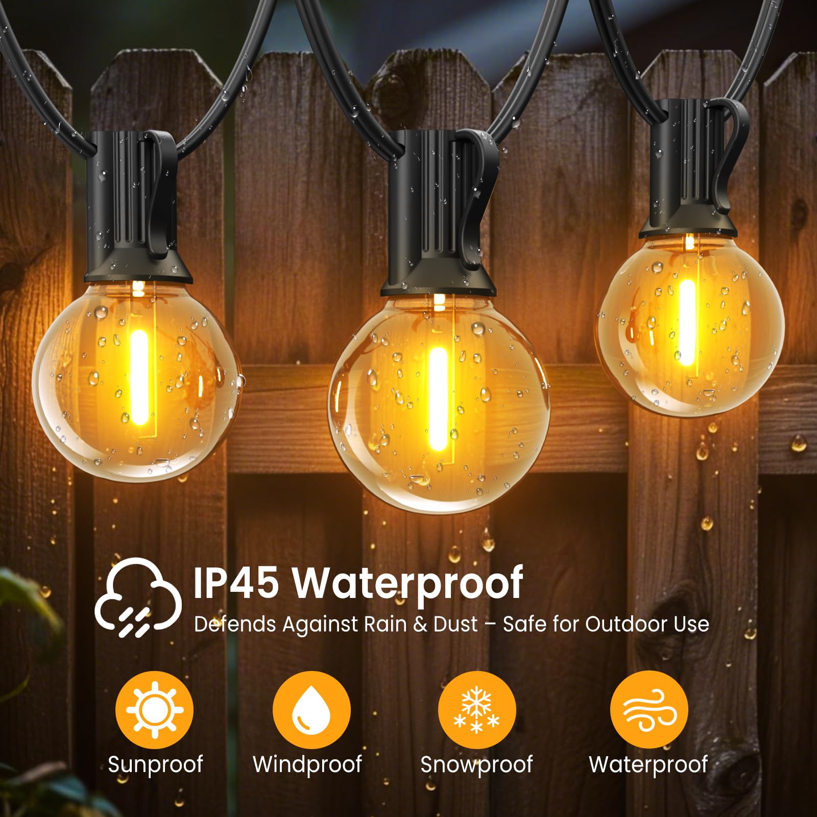 Cadena de luces para exteriores de 50 pies, luces LED conectables para patio con bombillas G40, regulables, impermeables, para exteriores, balcón, cenador (50 pies/26 piezas)