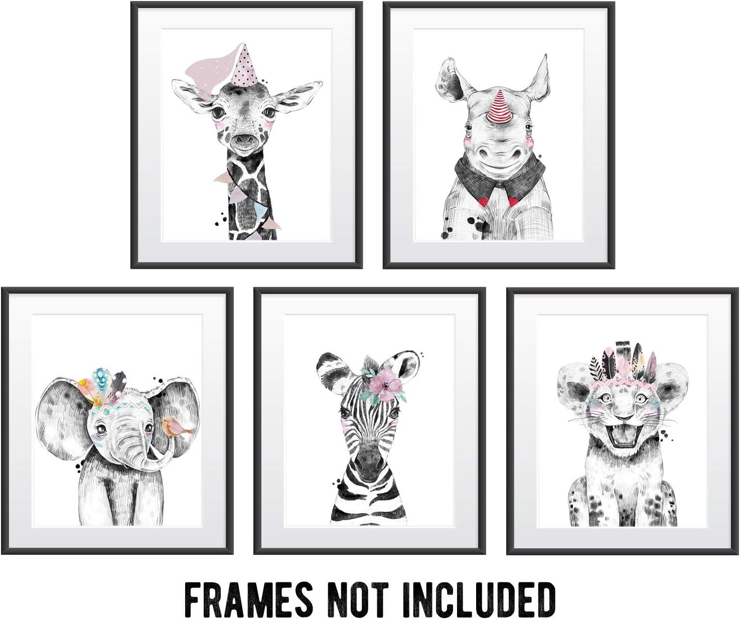 Stickerbrand Nursery Safari Baby Animal Posters (Set of 5) Prints. Baby Elephant, Giraffe, Rhino, Lion and Zebra. Unframed. Great Gifts for Baby Shower, Kids Bedroom or Bathroom Decor. #P1022