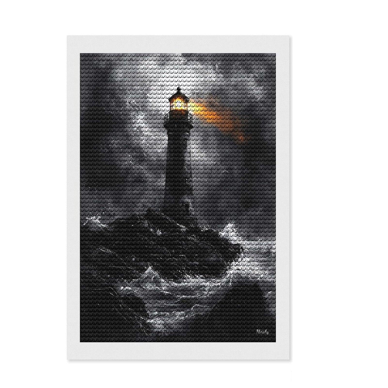 Junmoney Stormy Lighthouse in Dramatic Monochrome Style Diamond Painting Set 8"x12", Printed Canvas, Finish and Display, Home Wall Decor, Gift Idea, Neat Printed Canvas