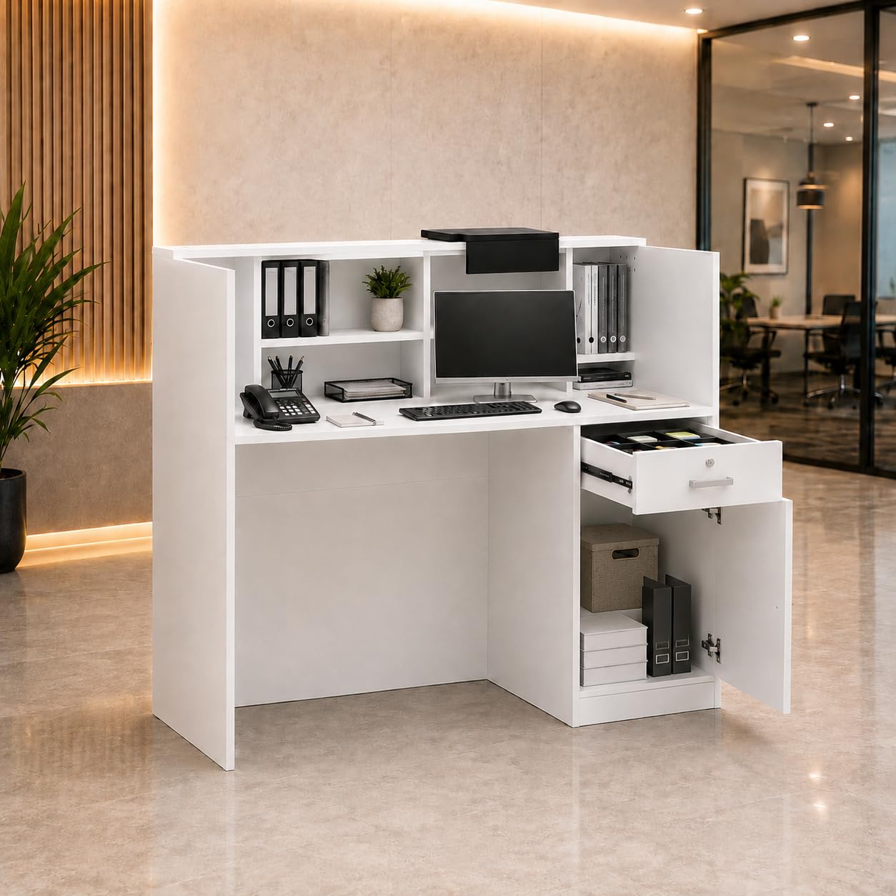 Banco di reception, banchi di reception, banchi di ricevimento, bancone con cassetti e armadi chiudibili, bancone con ripiani aperti regolabili, 140 x 60 x 110 cm, MDF