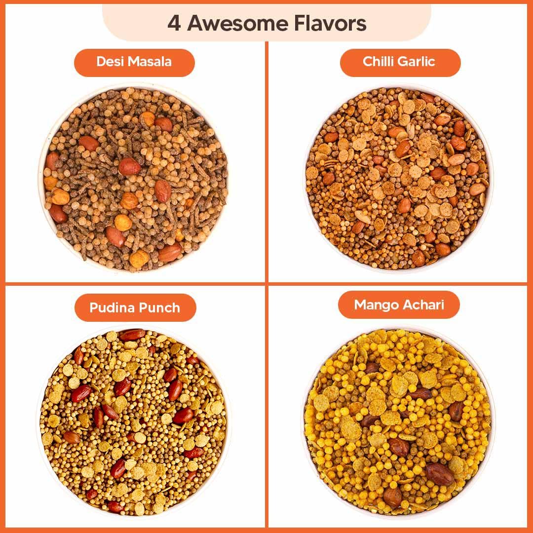 Eat Better Co – Millet Namkeen Combo – Four Flavours – Desi Masala, Mango Achari, Pudina Punch and Chilli Garlic – 4 * 32 grams - Healthy Snacks for Adults Combo 128gm