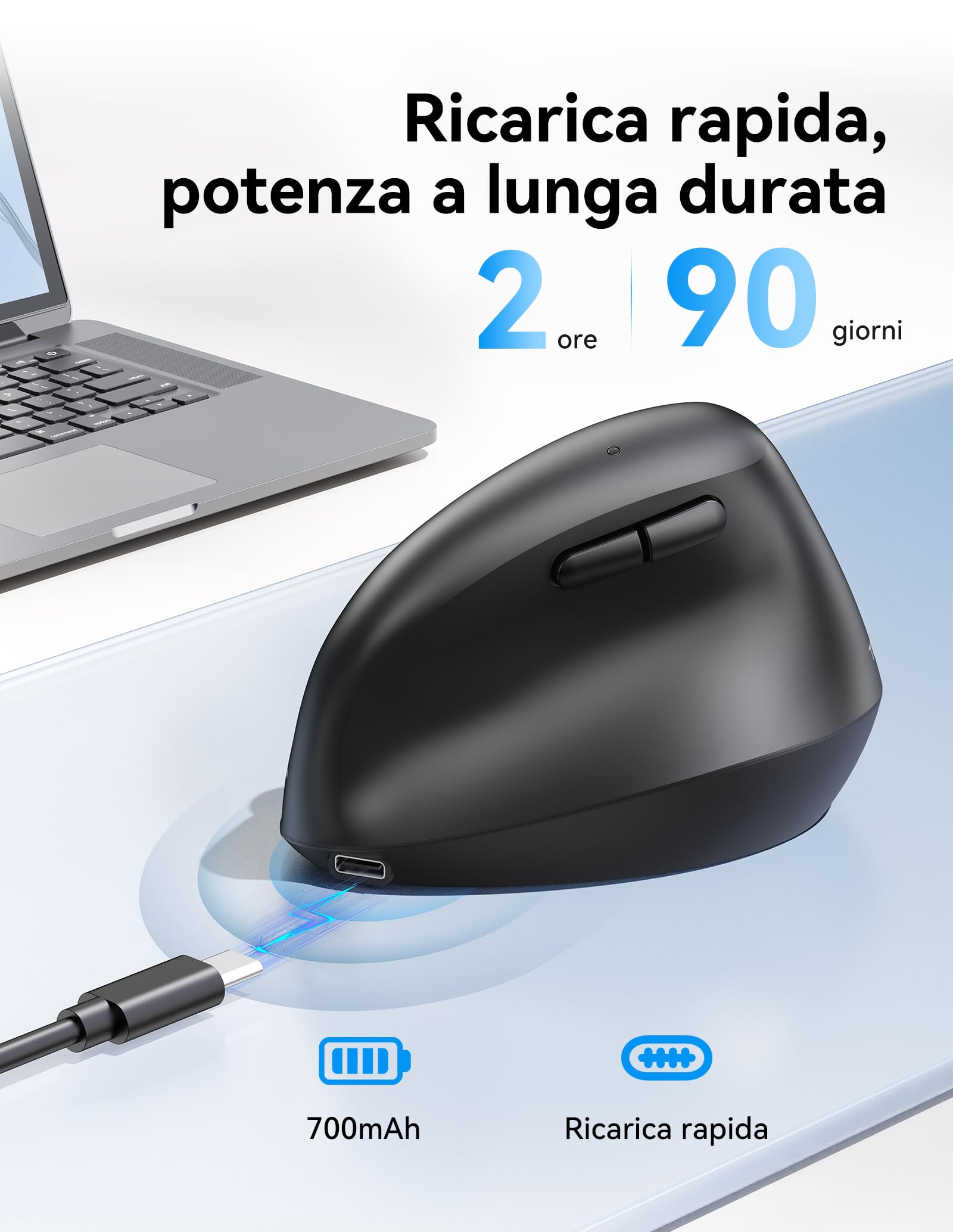 TECKNET Mouse Ergonomico, Mouse Verticale Senza Fili Ricaricabile con 3 Porte Dispositivi (BT 5.0/3.0+2.4GHz), 4800 DPI a 6 Livelli Regolabili, Scatto Silenzioso per Laptop, Desktop, PC, Macbook
