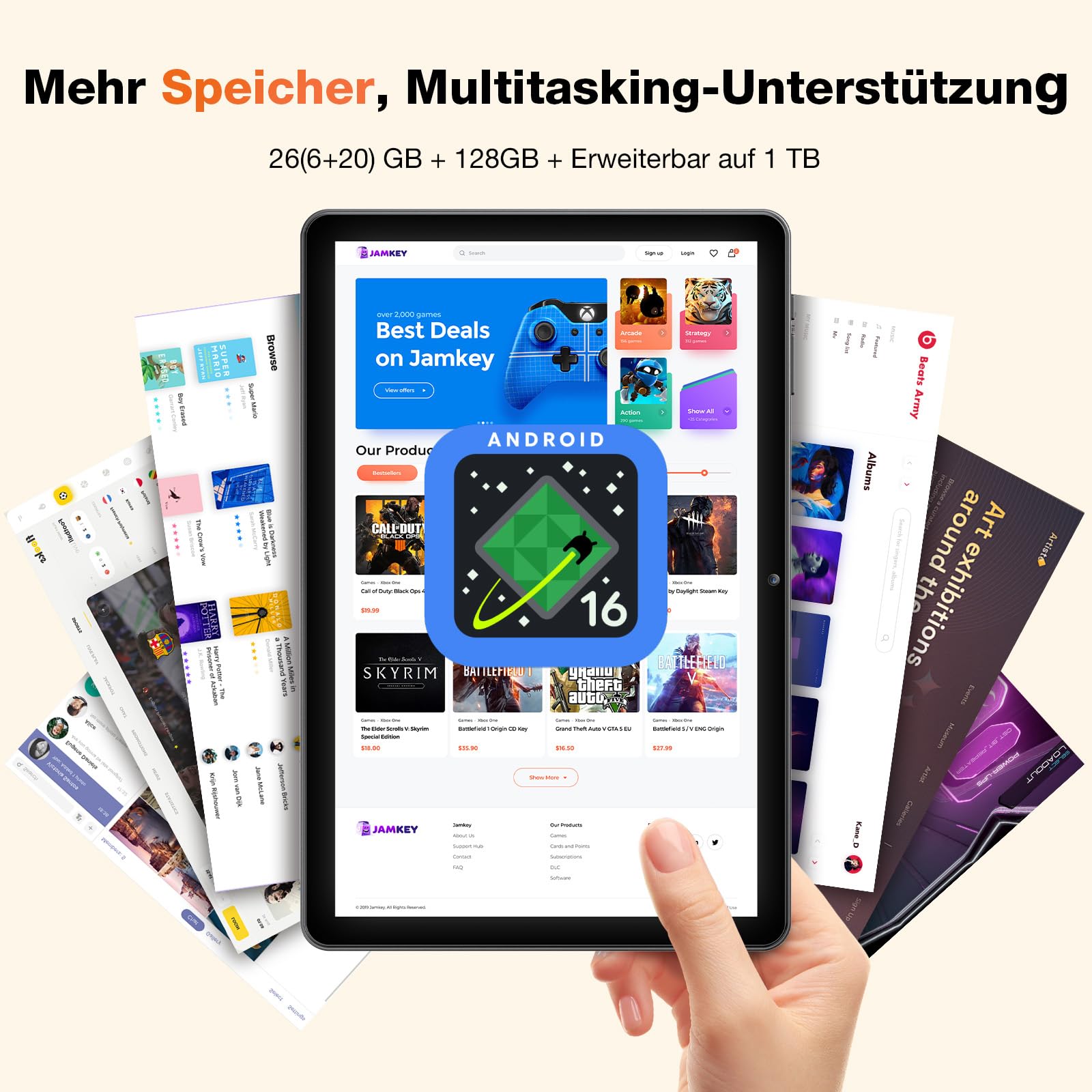 Android 16 Tablet 10 Zoll mit Tastatur, Maus & Stift, Unisoc T606 CPU, 26 GB RAM + 128 GB ROM + 1 TB TF, 1280x800 HD IPS-Display, Duale Kamera, 7000 mAh, WiFi 6, BT 5.0, Widevine L1, GPS (Grau Hülle)
