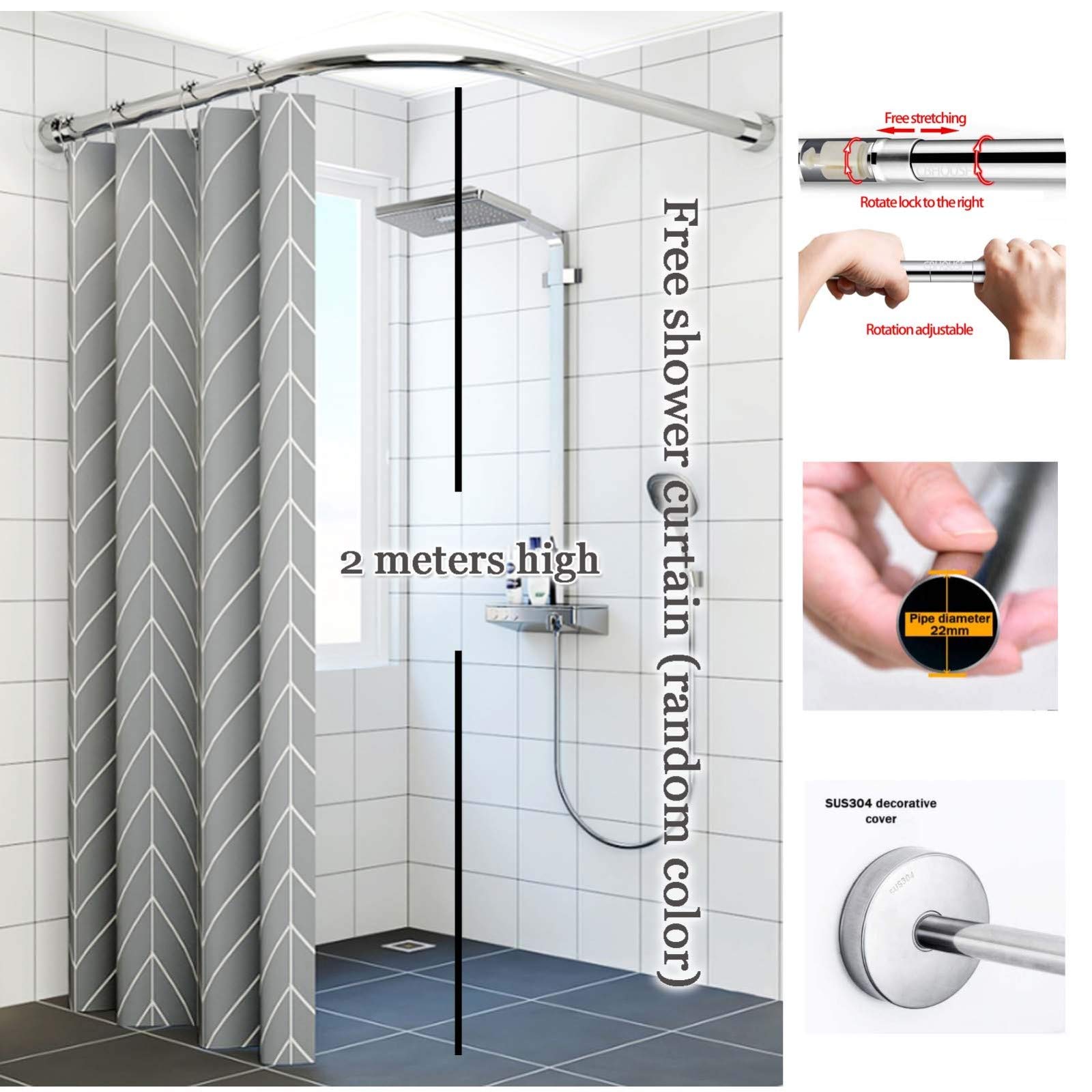 Barra de cortina de ducha de esquina ajustable, postes de ducha de tensión extensibles, curvados sin taladro, para baño y bañera, perfecto para espacios privados de 70 a 95 pulgadas