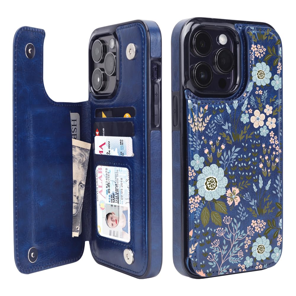 uCOLORCompatible with iPhone 13 Pro Max 6.7" Wallet Case with Card Holder Slot Folio Flip PU Leather Kickstand Double Magnetic Clasp and RFID Blocking Design Cover 13PM 6.7 Inch (Navy Flowers)