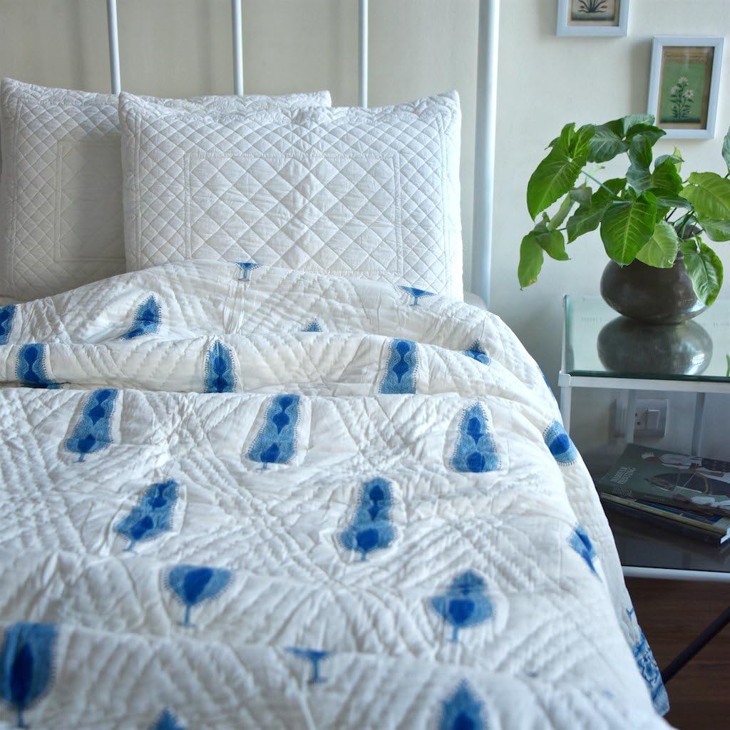 Girwa, Jaipuri Quilt/ Razai, Hand Block Indigo Printed and Handmade ~ King Size 100X90 Inches
