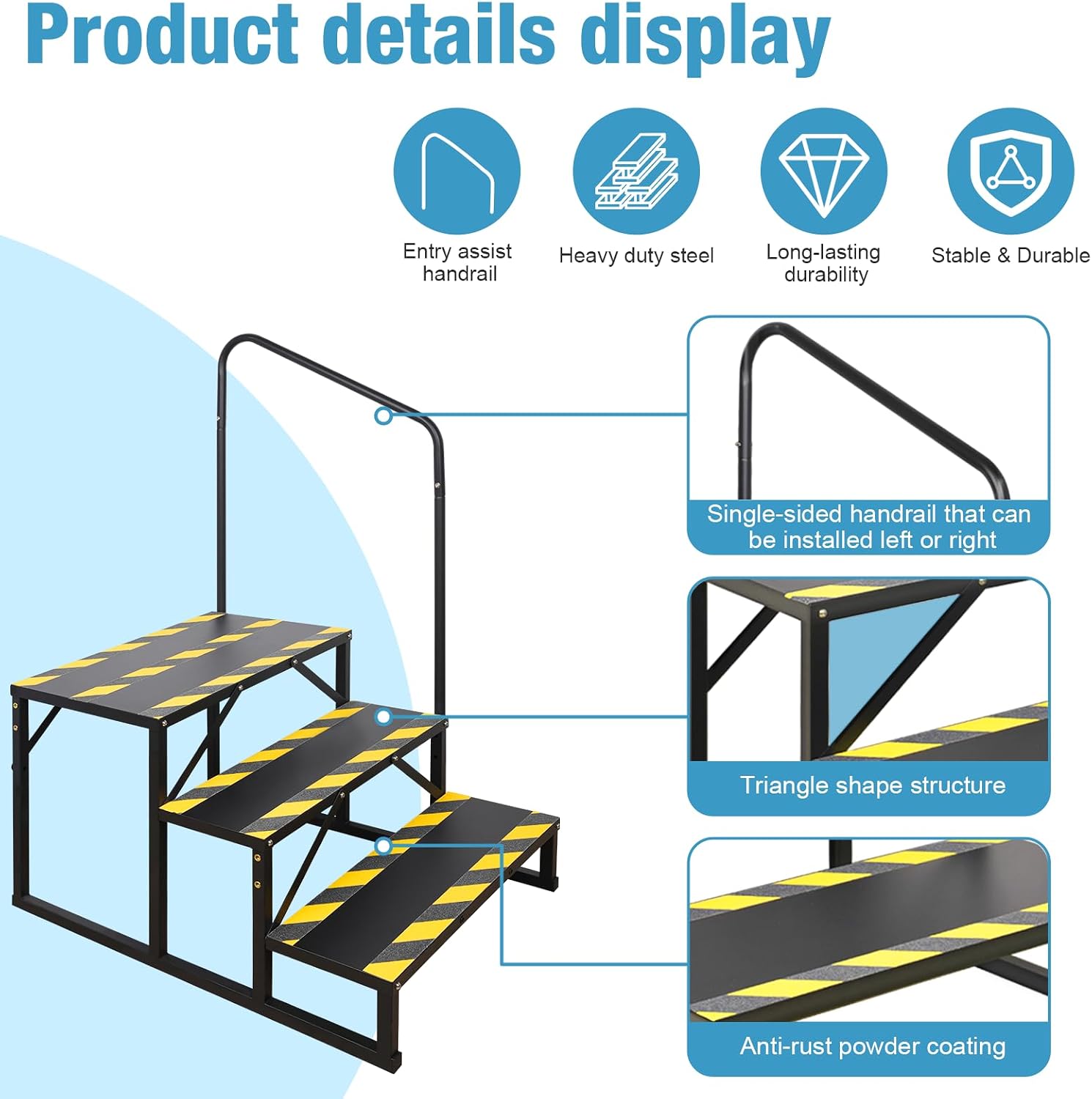 RV Steps with Handrail, 3 Step Mobile Home Stairs, Camper Steps 400 LBS Load Capacity, Heavy Duty RV Stairs for Camper/Porch/SPA Pool/Pet Stairs, Portable Stairs with Non-Skid Tapes