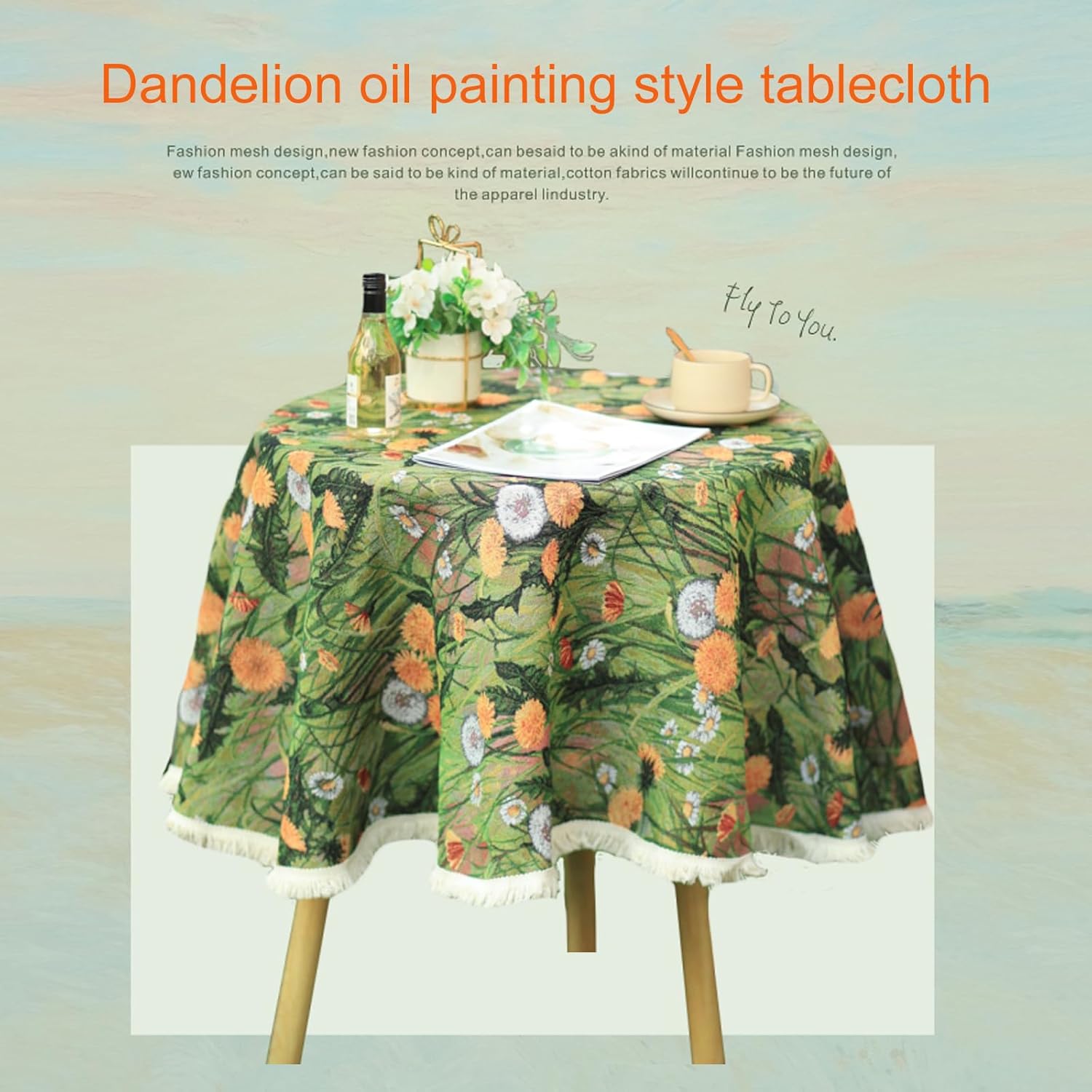 Painting Art Spring Blossom Tablecloth with Tassel Edge, Retro Tablecloth, Thick Wrinkle Resistant Table Cover for Farmhouse, Chic City, Cafe, Boho Restraurant, Kitchen Dining Table, Buffet Parties