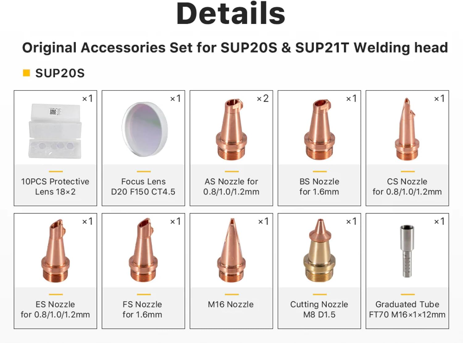 Original Accessories Set for Welding Head Protective Lens/Focus Lens/Welding Nozzle/Cutting Nozzle/Graduated Tube for SUP20S/T, SUP21T, SUP23S/T, SW150