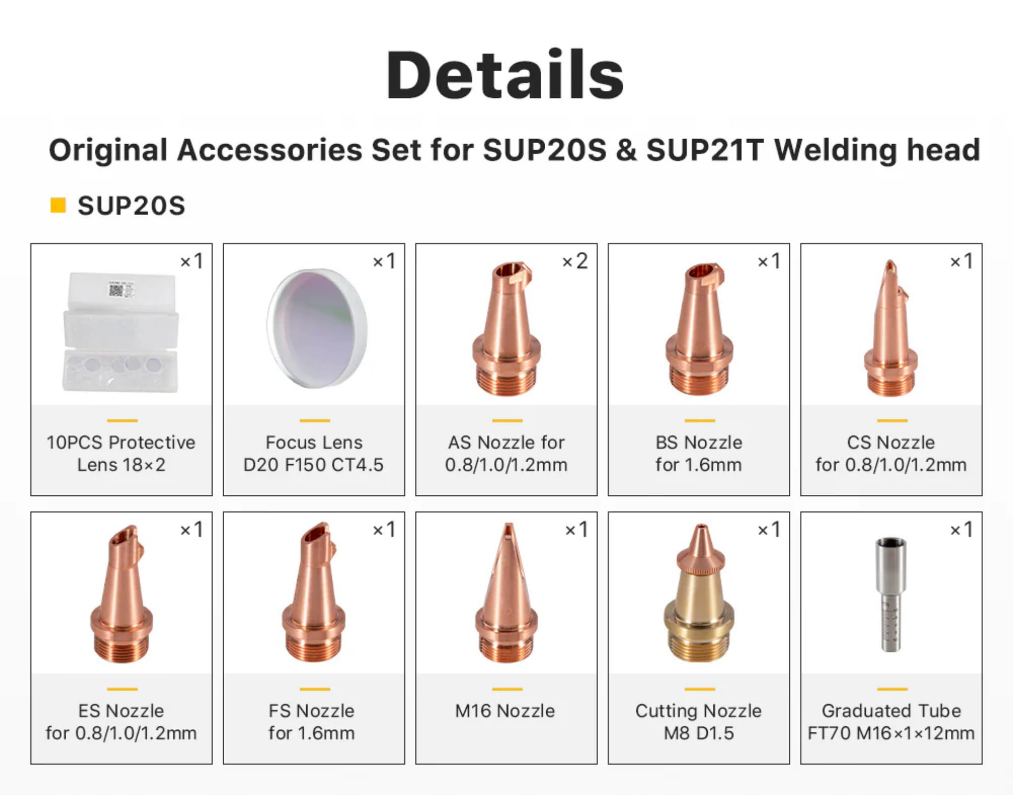 NOUALASER Original Accessories Set for Welding Head Protective Lens/Focus Lens/Welding Nozzle/Cutting Nozzle/Graduated Tube for SUP20S/T, SUP21T, SUP23S/T, SW150