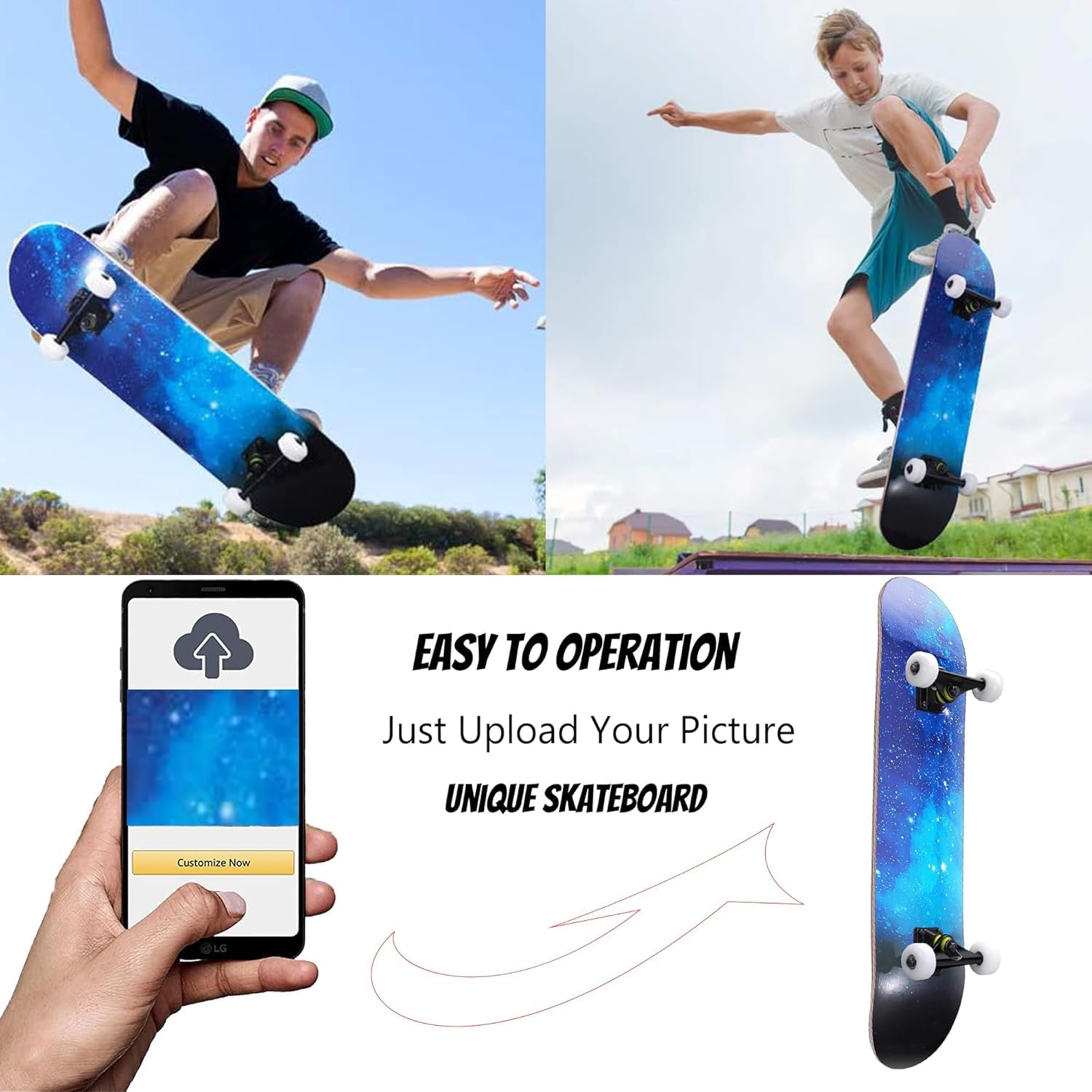 Personalisiertes Skateboard mit Eigenem Foto Text 31"x8" Double Kick Concave Cruiser Komplettboard Custom Skateboard Geschenk für Anfänger Jugendliche Erwachsene Jungen Mädchen