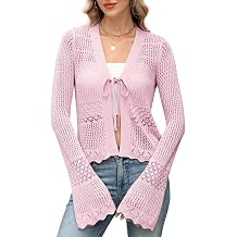 ZANZEA Womens Crochet Cardigan Tie Front Shrug Sweater Bell Sleeves Lightweight Summer Knit Boho Cardigan Tops