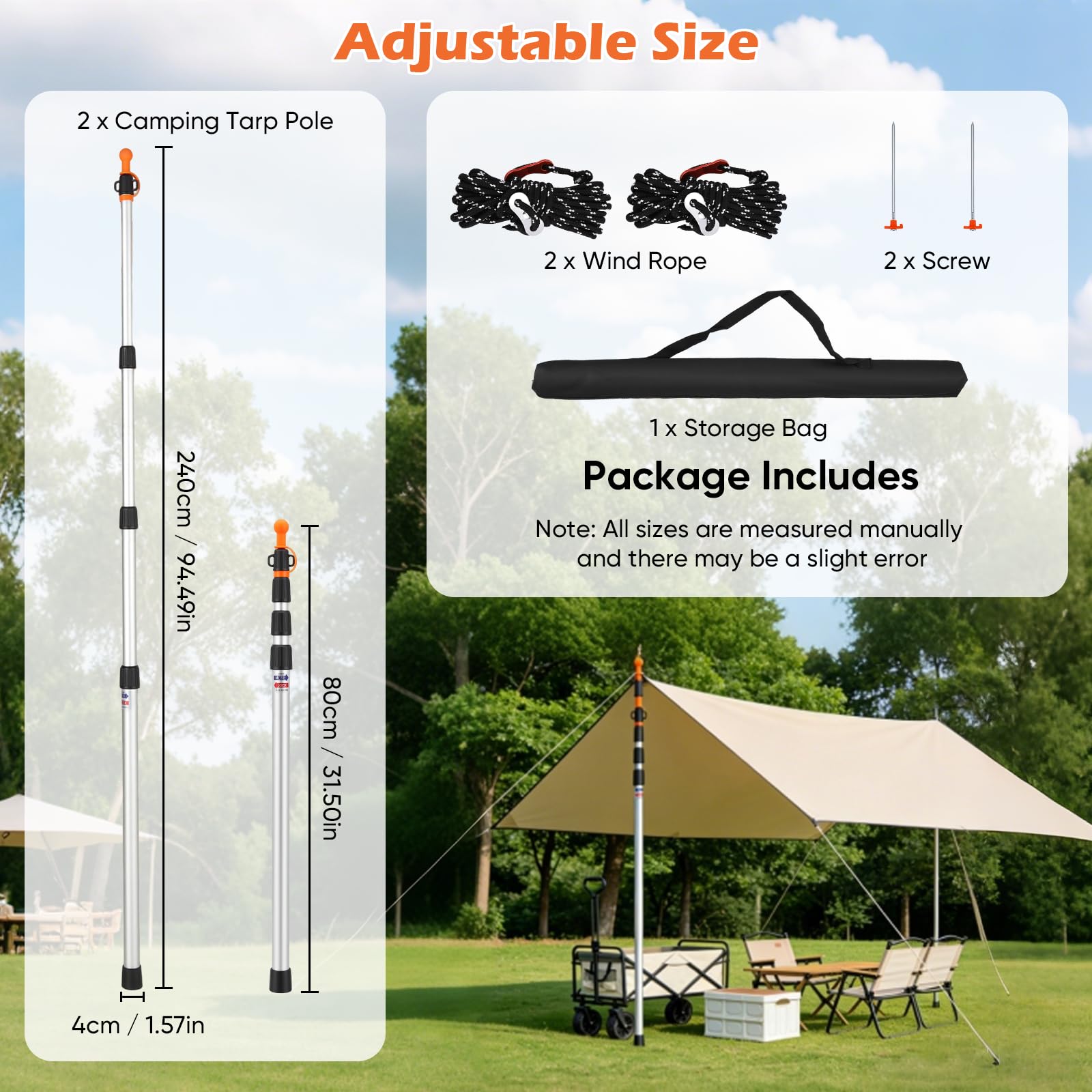 Barre télescopique pour tentes 2 pièces, Mat télescopique en alu 80-240cm – Barres de bâche pour Voile d‘ombrage, Camping – Tige télescopique avec Embout antidérapant et Housse de Rangement
