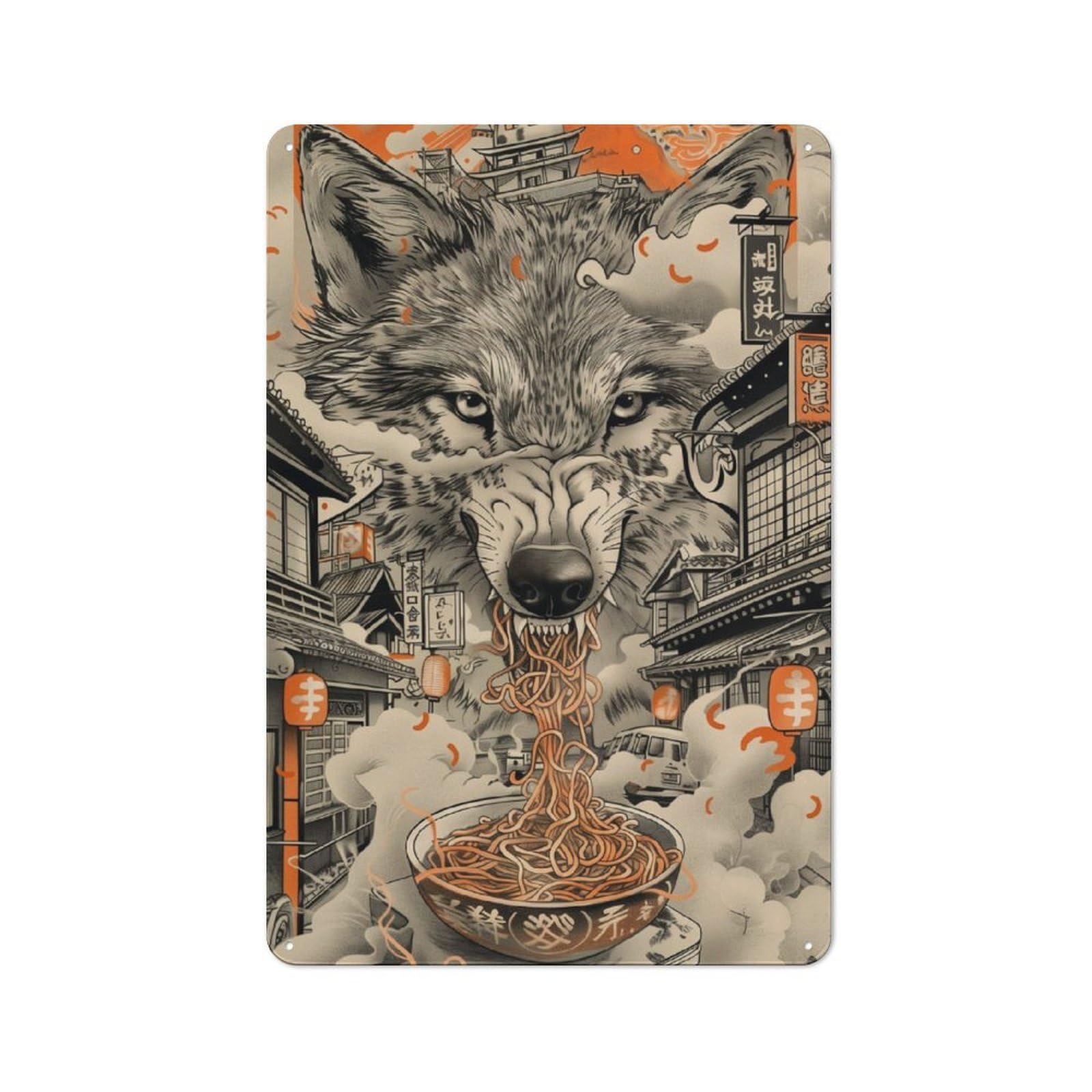 Shed Style Decorative Metal Plaque 30x20cm Featuring Wolf Ramen Noodles Japan, Porch Wall Decor for Patio Bar, Workshop, Shed Or Kitchen