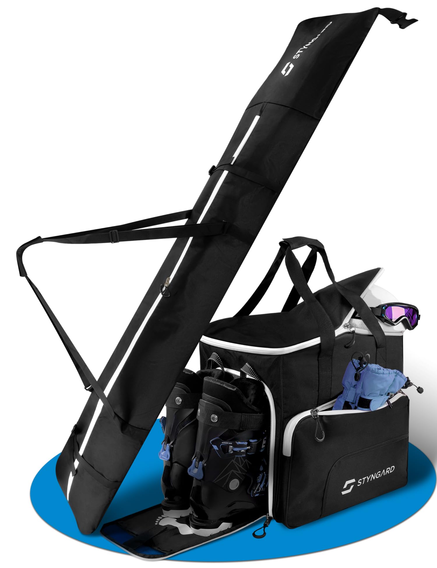 STYNGARD Set Double Sac de Ski pour 2 Paires de Skis [140 cm à 200 cm] et Sac à Chaussures de Ski avec Compartiment pour Casque [54 L] Modèle Salzburg