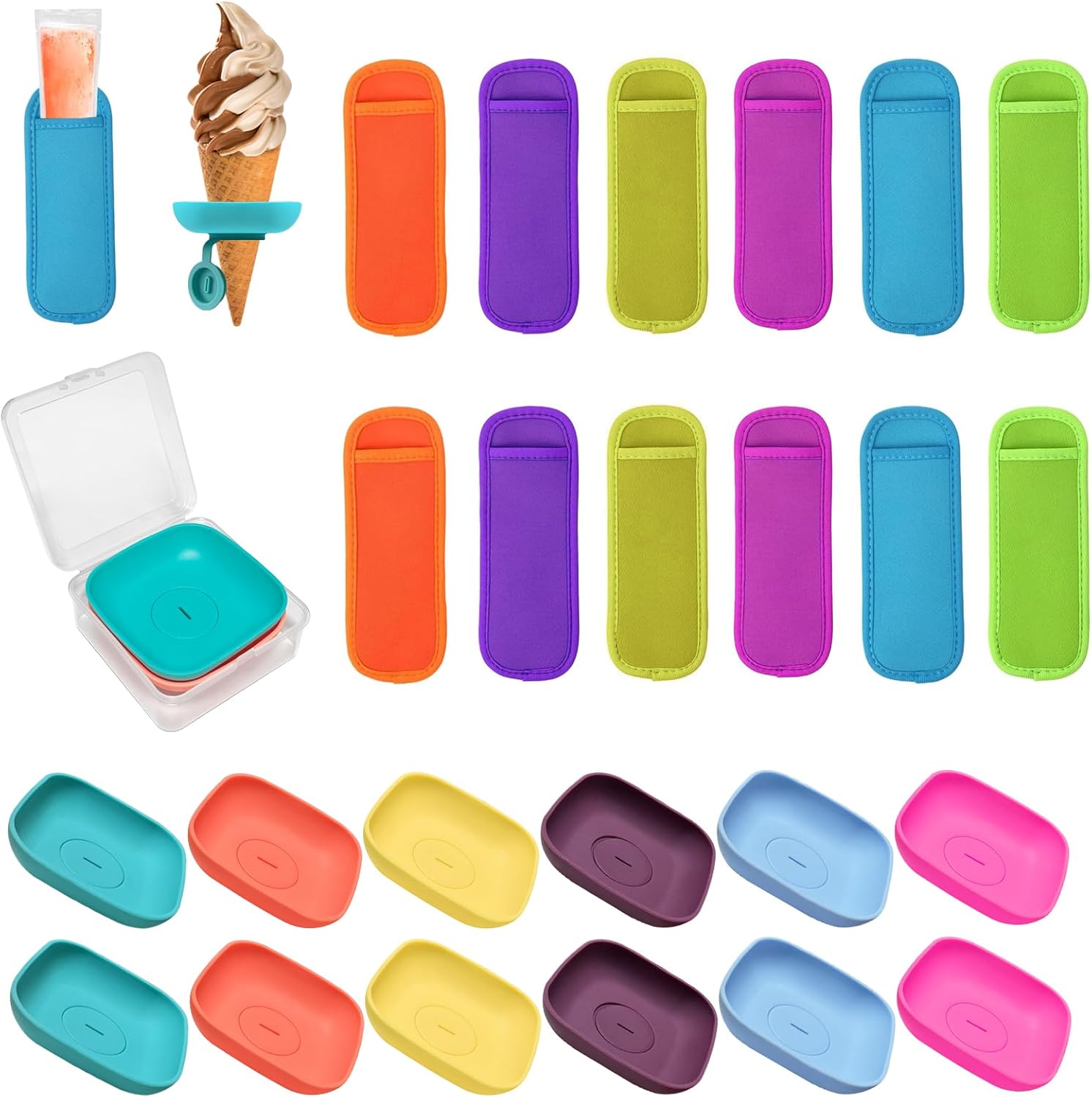 Silicone Popsicle Holder and Sleeves, Reusable Ice Pop Sleeves for Toddlers, No mess Ice Cream Holder for Summer and Birthday Party, Adjustable Clips, Dishwasher Safety, 24pcs, 3-in-1