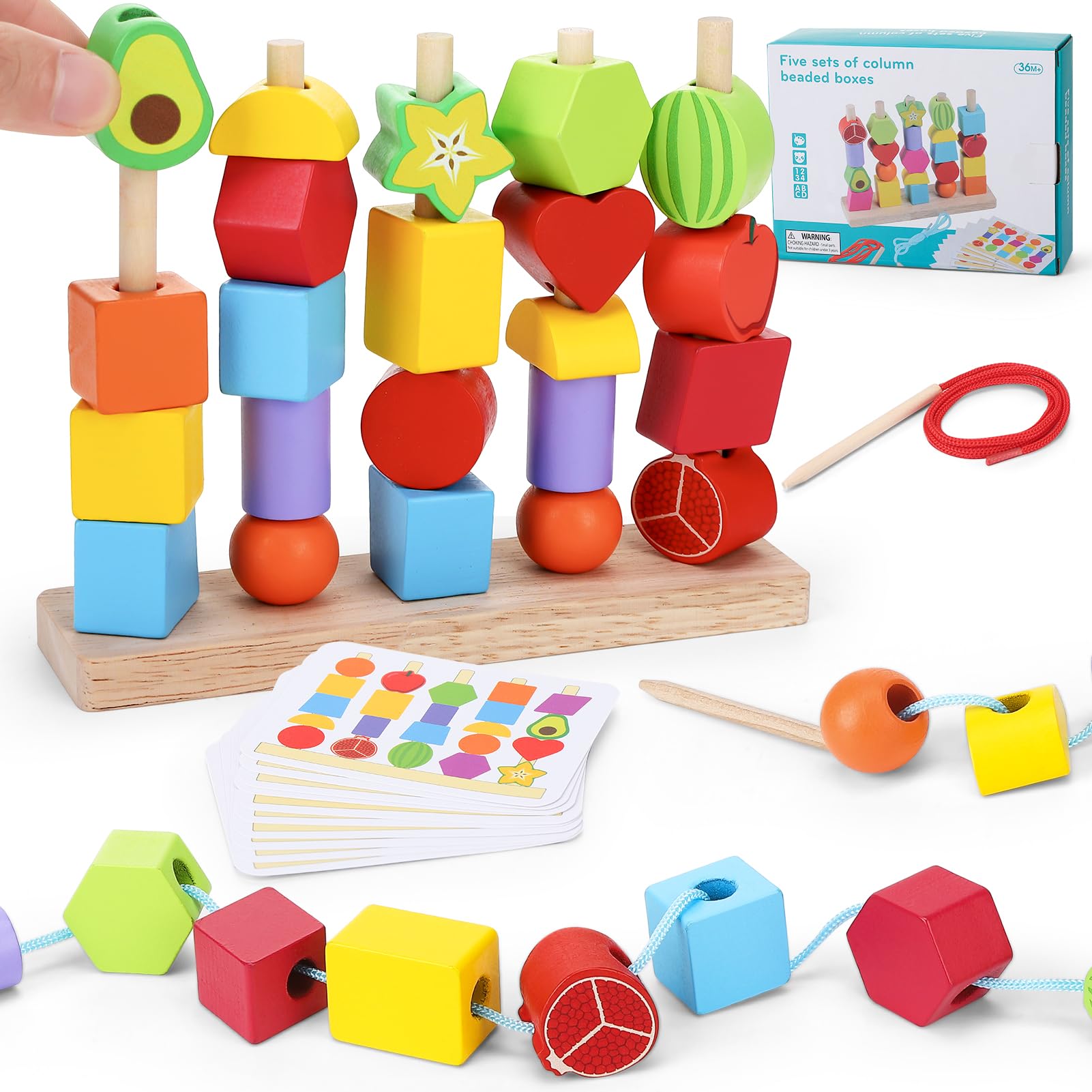 Wooden Toys for Kids Ages 3+, Lacing Beads & Stacking Blocks Set, Educational Sorting Toy for Preschoolers, Fine Motor Skills Development with Blocks, Travel Gift for Boys & Girls