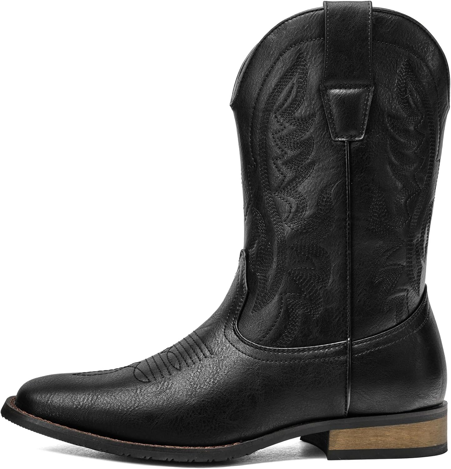 カウボーイブーツ 男性用 ウエスタン おしゃれ レトロ スタイリッシュ 刺繍 スクエアトゥ ブーツ チャンキーヒール, ブラック,