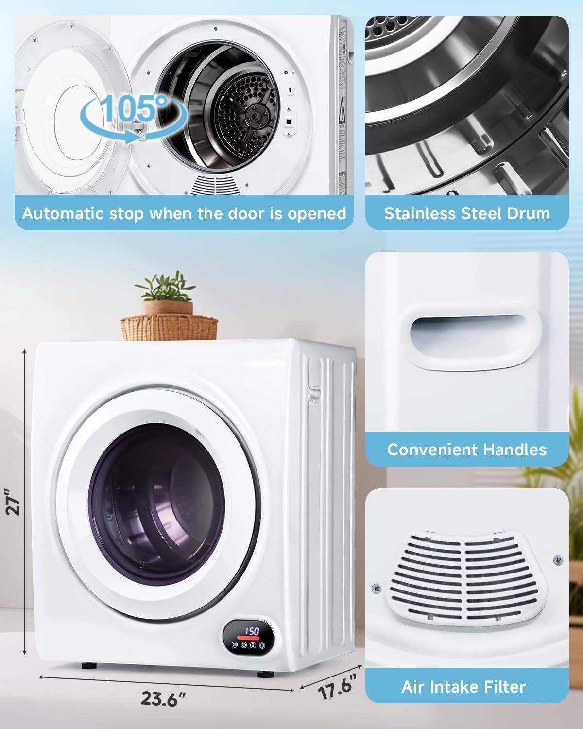 Dimensions of the portable dryer and close-ups of convenient handles and air intake filter.