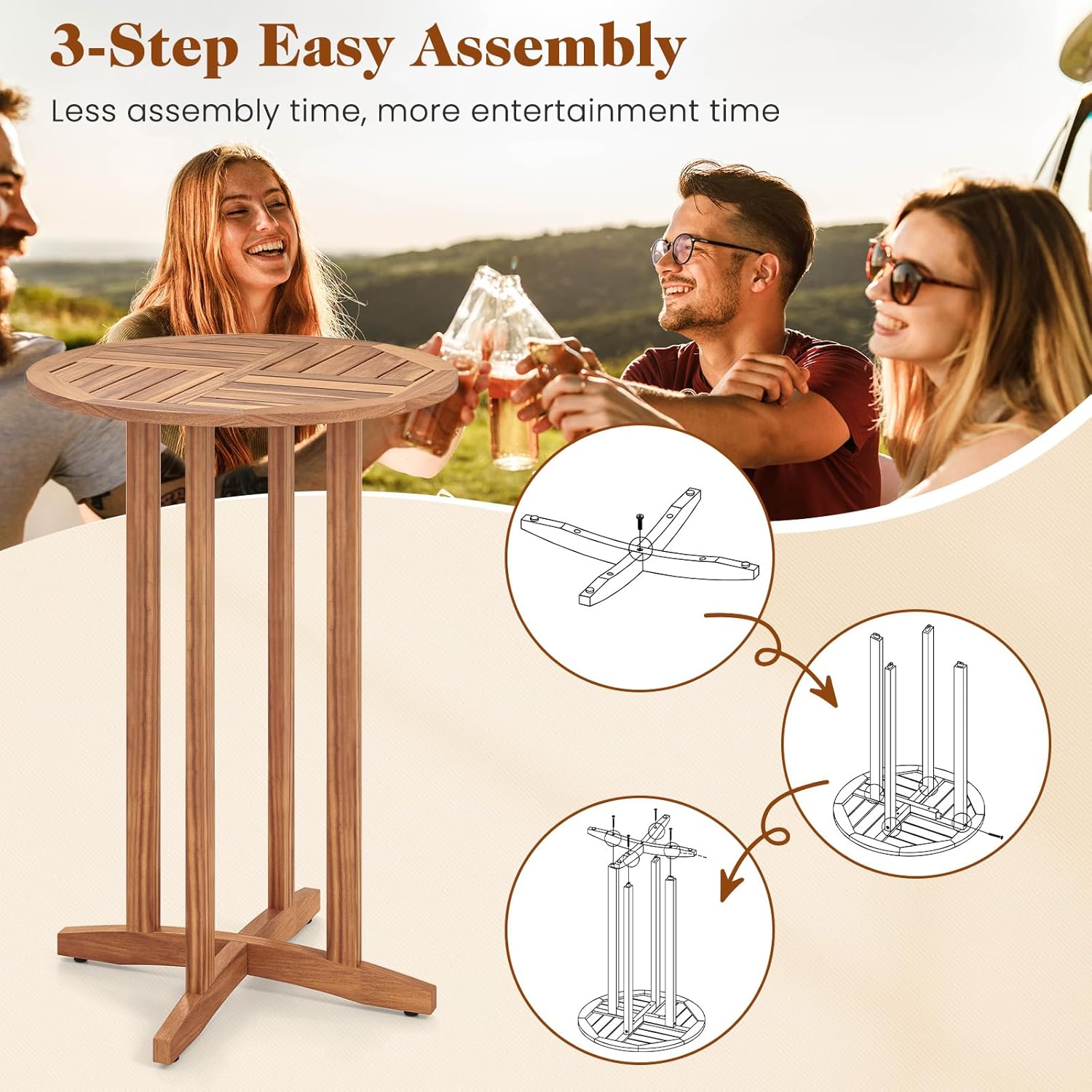 Tangkula Outdoor Acacia Wood Bar Table, 39" Patio Bar Height Round Table with Slatted Tabletop, High Top Bistro Dining Table, Pub Height Round Table for Garden, Deck, Porch and Yard