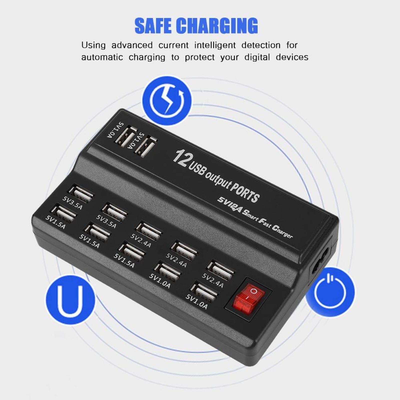 ciciglow Hub USB, 12 Porte Hub USB Stazione di Ricarica 5V 10A Caricabatterie Rapido Splitter USB da Viaggio per la Casa per Cellulare/tablet/MP3/MP4(Spina UE)
