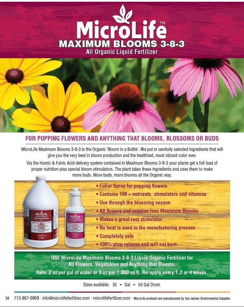 MicroLife Maximum Blooms (3-8-3) Professional Grade Organic Liquid Fertilizer Concentrate for All Flowers and Anything That Blooms, Gallon