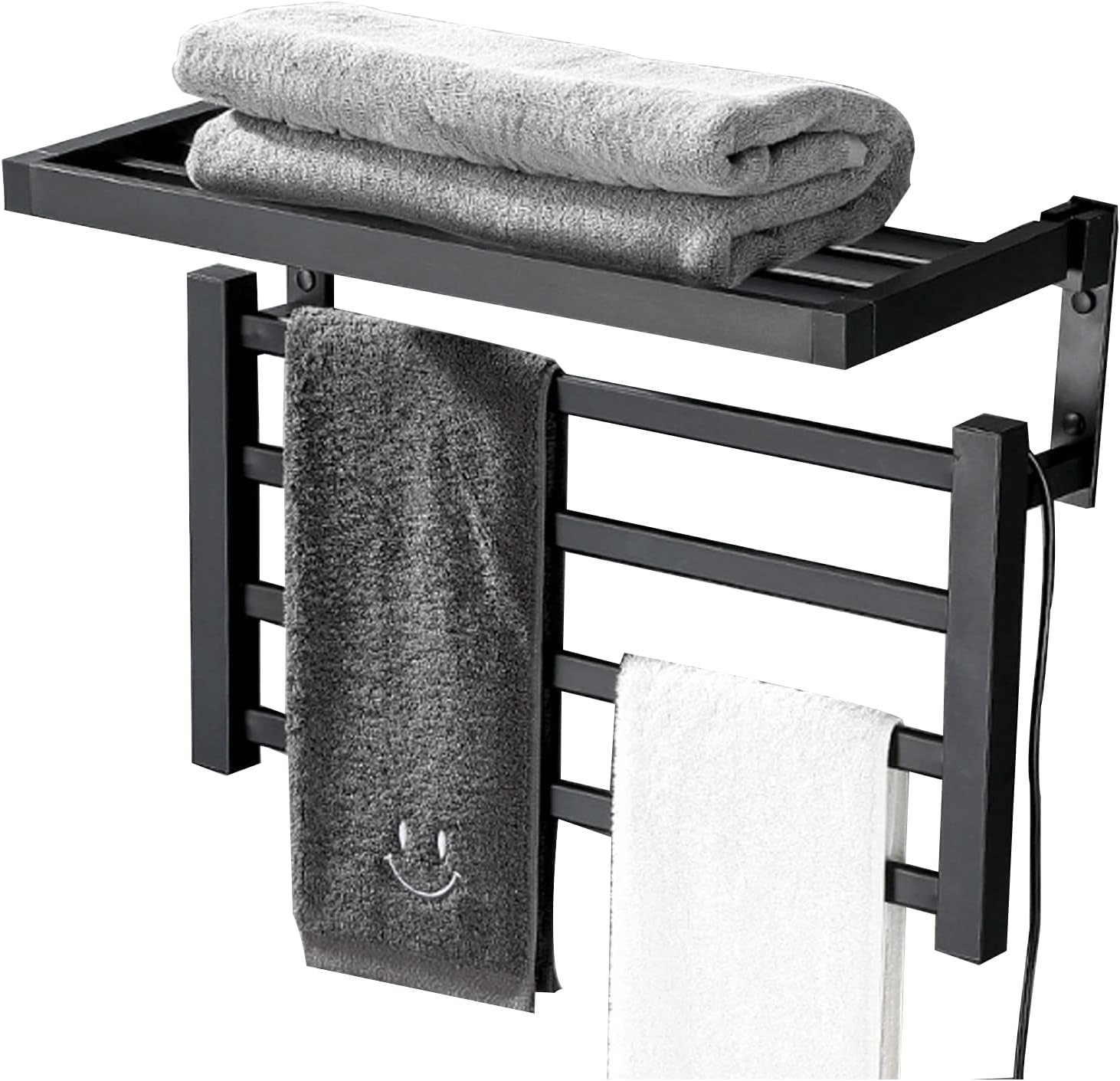 Heated Towel Rack with Foldable Top Shelf,Towel Warmers Wall Mounted Plug-in Electric Stainless Steel 4 Bars Drying Rack with Switch Hot Towel Rails (White Right)