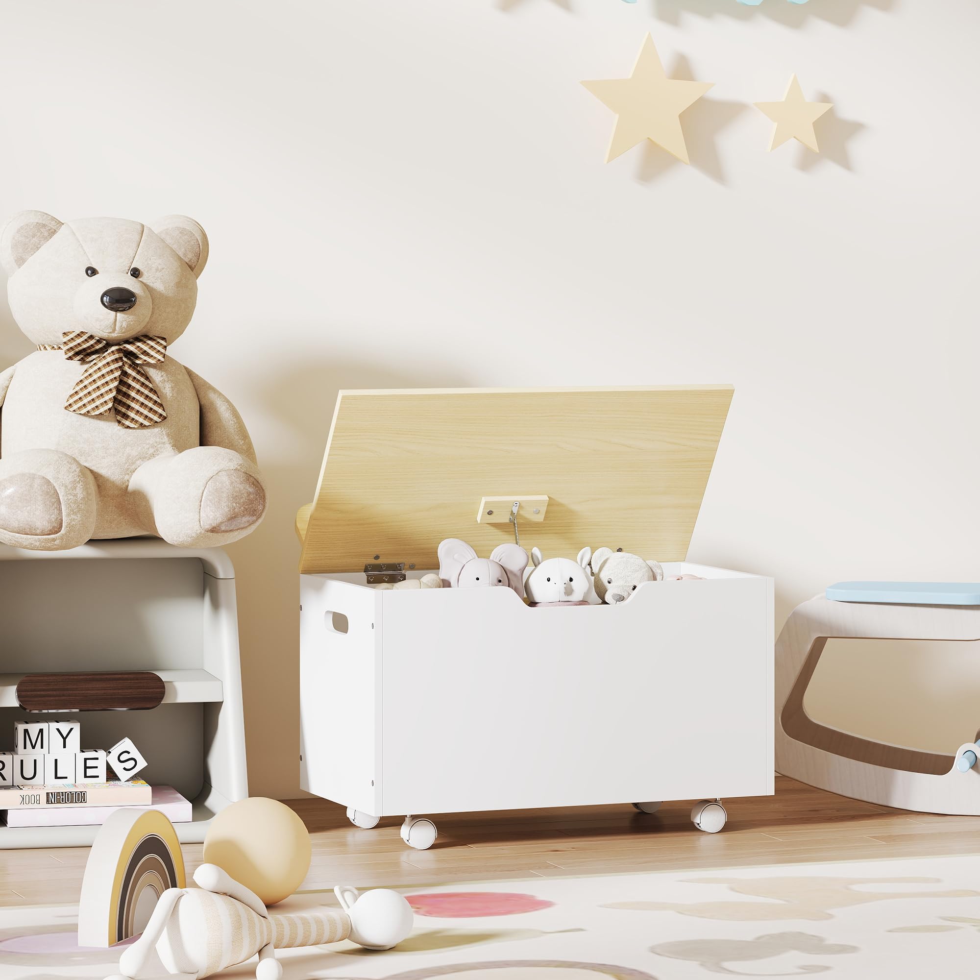 AIYAPLAY Kinderspielzeugtruhe auf Rollen, Kinderaufbewahrungsbox mit Klappdeckel, Sicherheitsscharniere, Spielzeugaufbewahrung für Mädchen und Jungen, 59 x 30 x 53 cm, weiß