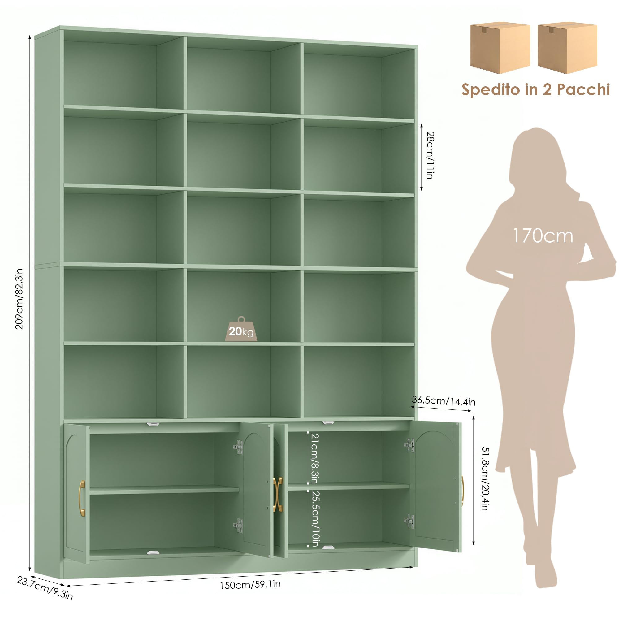FirFurd 209 cm Libreria Verticale, Libreria da Parete a 4 Ante Verde | Vetrinetta Soggiorno a 15 Scomparti Aperti,Scaffale Portaoggetti Ampio Spazio,per Studio, Ufficio, Soggiorno,150x23.7x209cm
