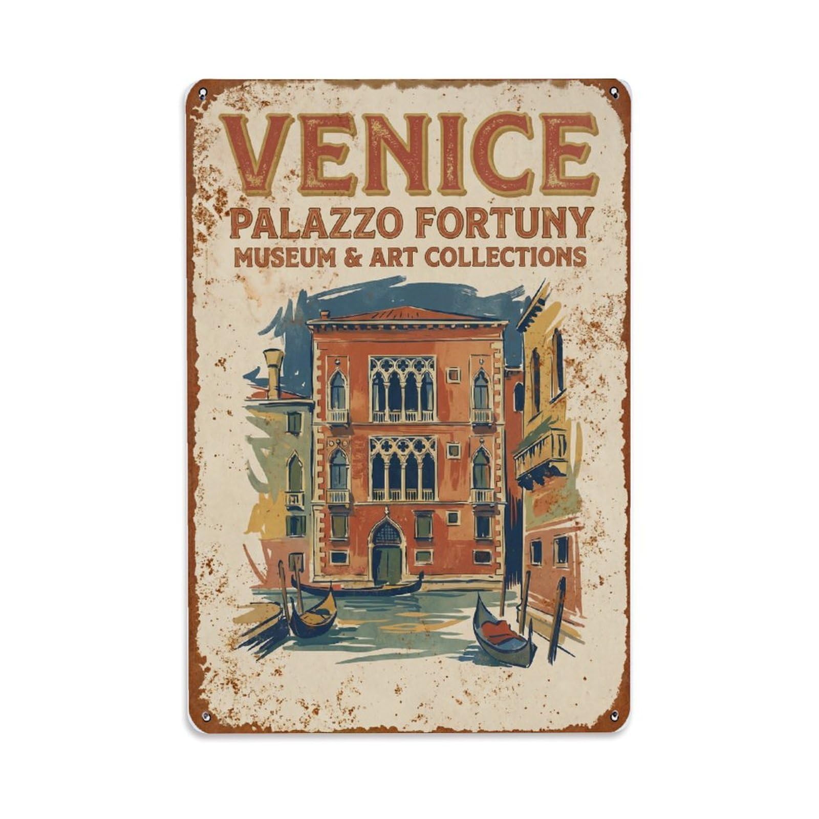 Vintage Travel Venice Palazzo Fortuny Gothic Palace Museum Rusted Italy Metal Tin Sign Plaque Wall Decor for Cafe, Club Bar, Office, Home Garden Metal Poster 8x12Inch