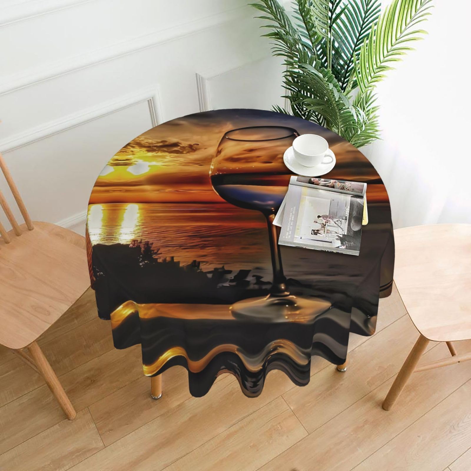 HJFCZH Sunset Wine Glass Prints Round Decorative Tablecloth 60in - High-Grade Polyester Throw for Dinners, Weddings & Everyday Use