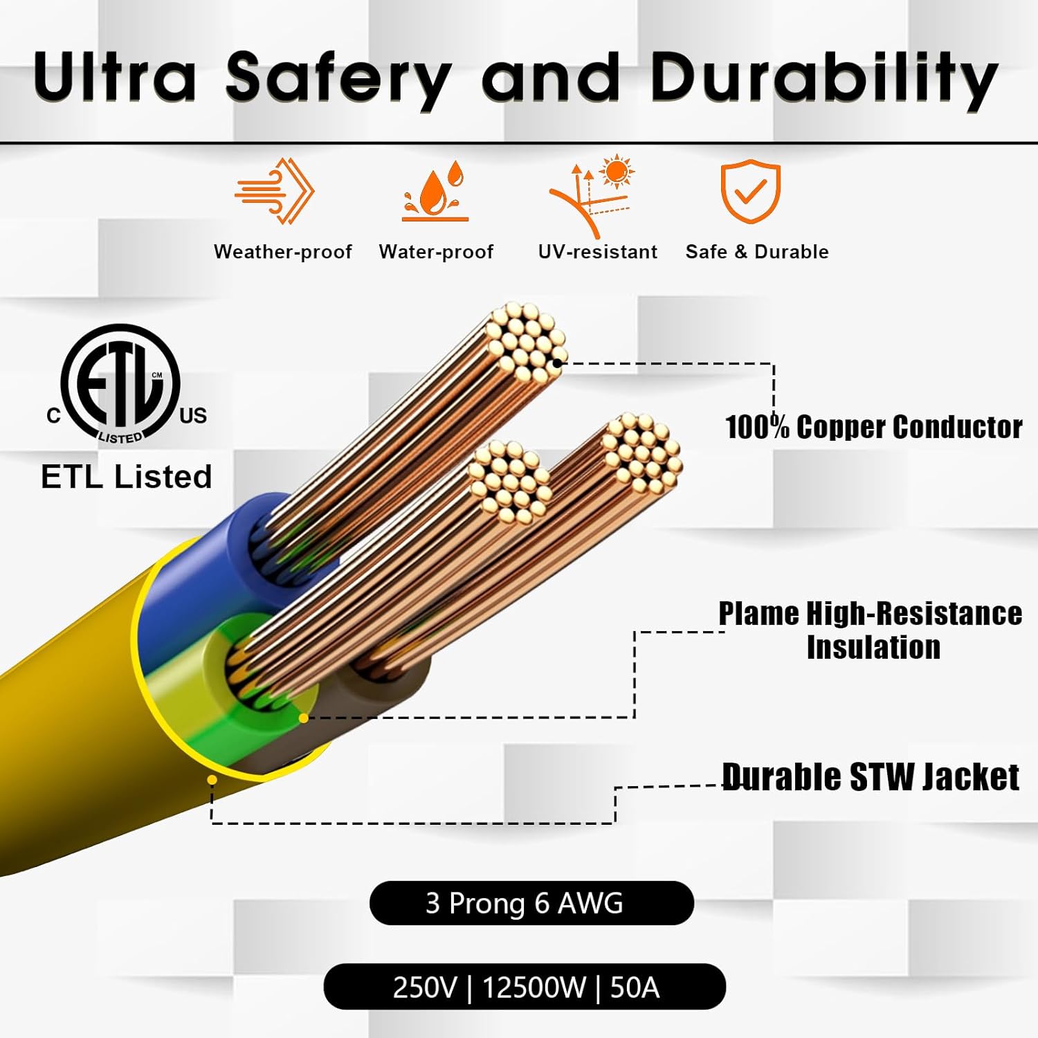 NEMA 6-50P to 14-50R EV Charger Adapter Extension Cord, 3Prong Welder Plug to 4 Prong EV Connector, for Tesla and Other EV Level 2 Charging, 220V STW 6 AWG/3C, ETL Listed (1FT)