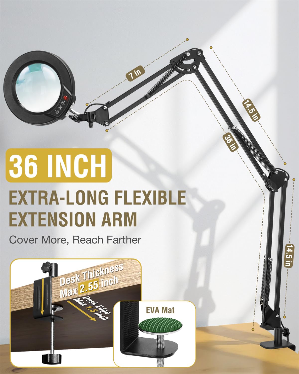 Lente d'ingrandimento 10X con luce e morsetto, lampada da scrivania a LED ultra lunga a 3 sezioni, braccio oscillante a 3 sezioni, 5 modalità di colore, dimmerabile continuamente, lente