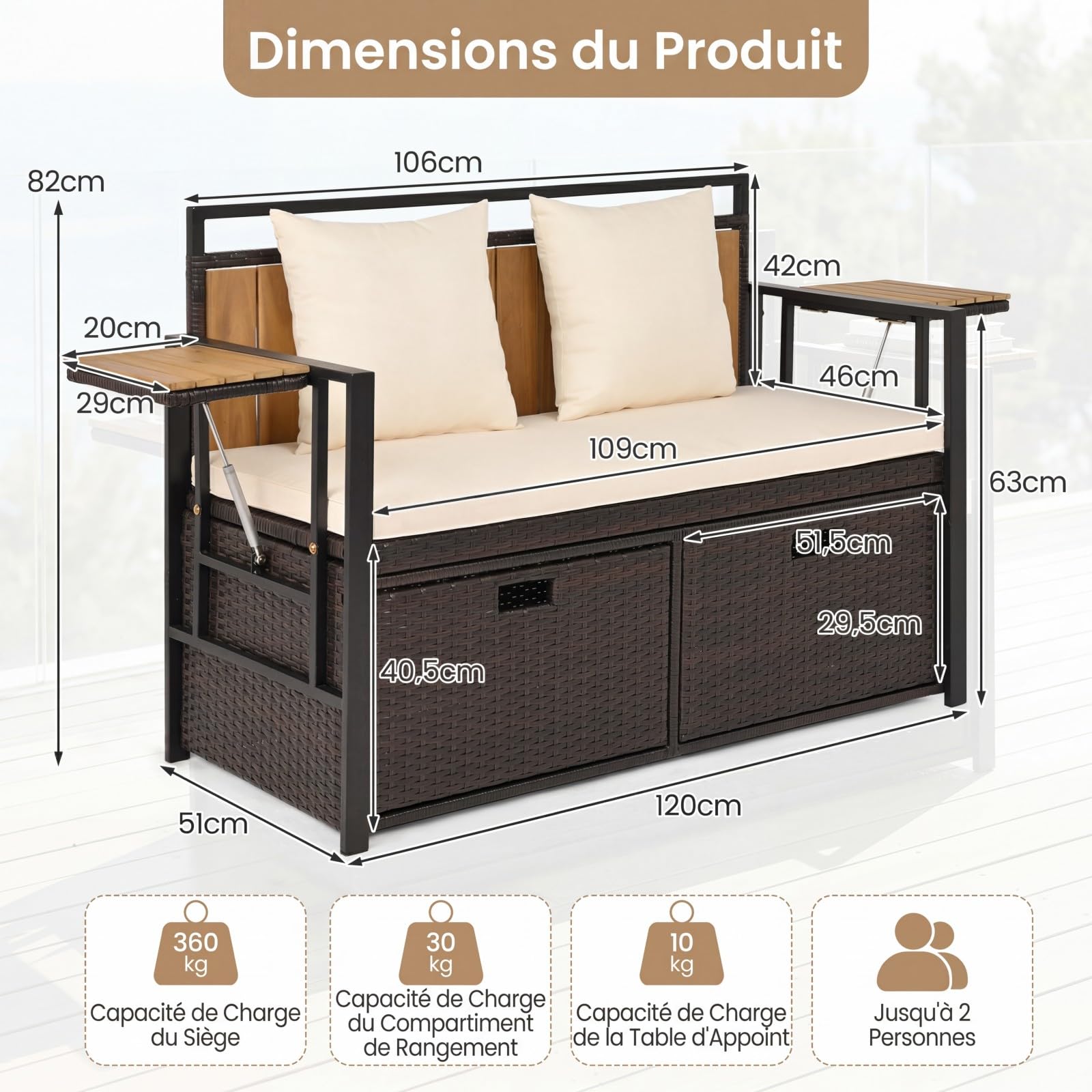 COSTWAY 2 en 1 Banc Coffre Extérieur en Rotin PE, Banc de Jardin 2 Places avec Coussins, Coffre de Rangement 142,5 L, 2 Tables d'Appoint Pliables, Charge 360 kg, pour Terrasse Jardin Balcon (Blanc)