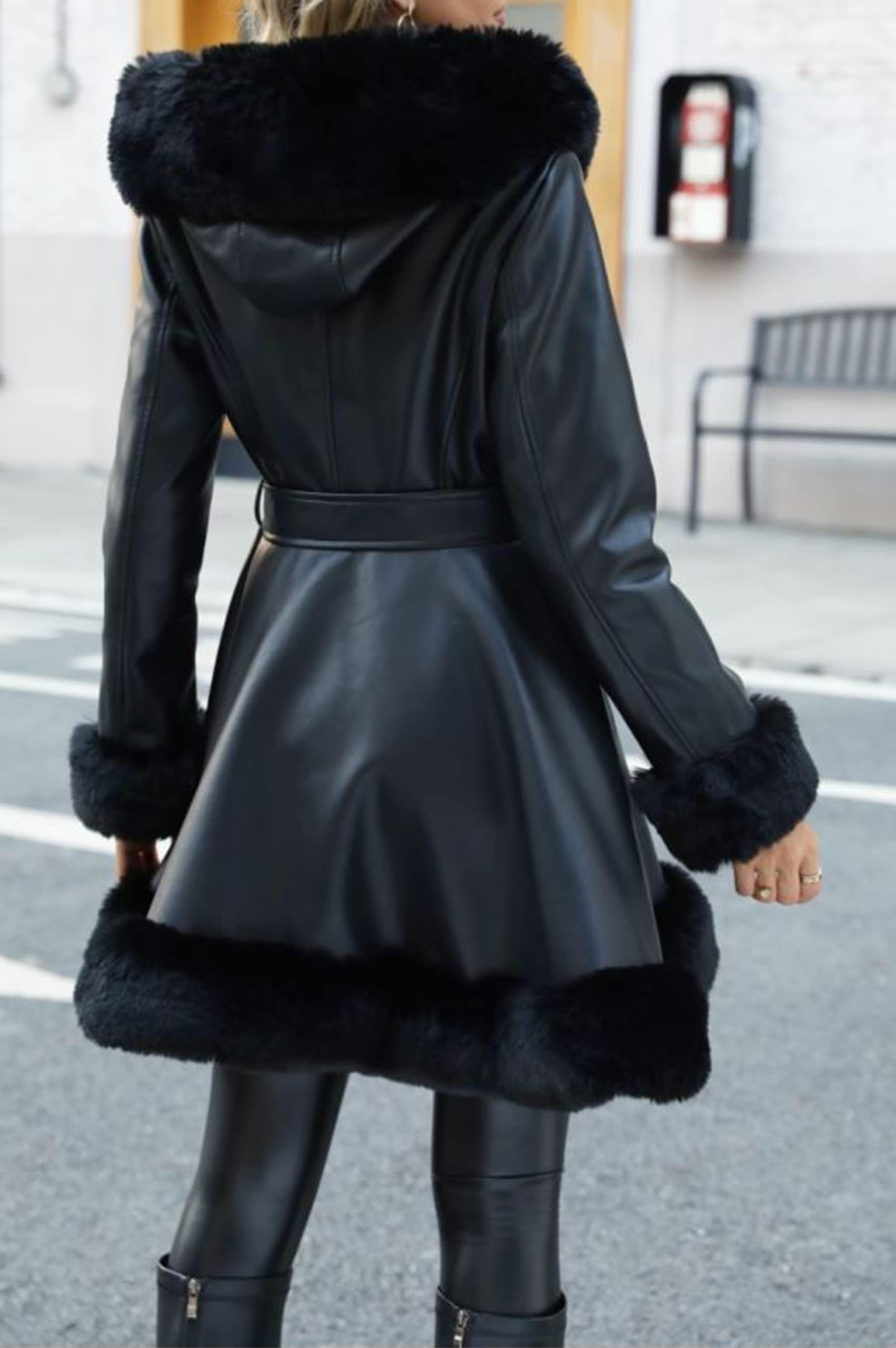 Giolshon Manteau Longue en Similicuir et Mélange de Fausse Laine pour Femme Robe en Molleton à Ceinture Parka Chaude D'hiver en Sherpa