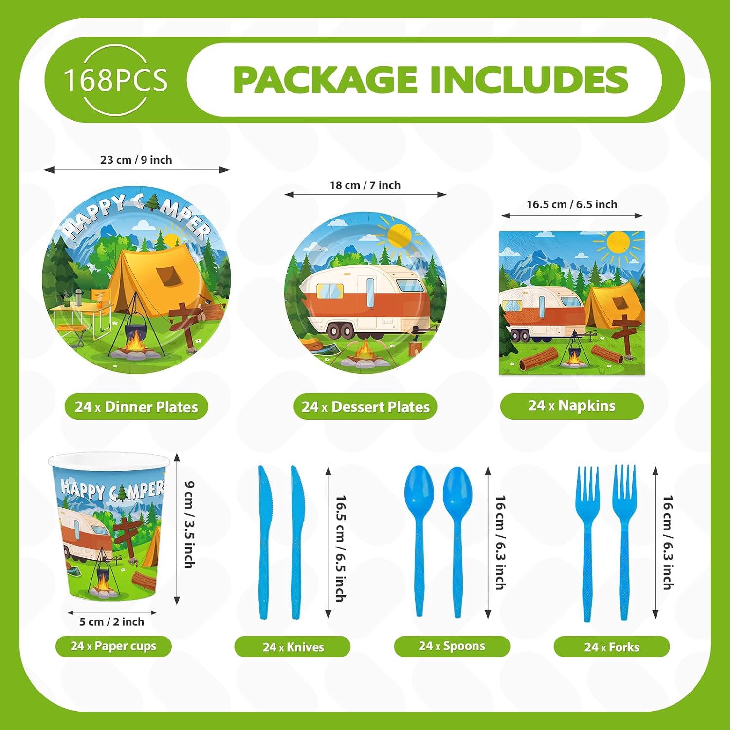 168 Pcs Happy Camper Party Decorations Camping Theme Plates Napkins Cups Forks Knives Spoons Campsite Campfire Tableware Set for Boys Girls Spring Summer Camping Birthday Party Supplies Serves 24