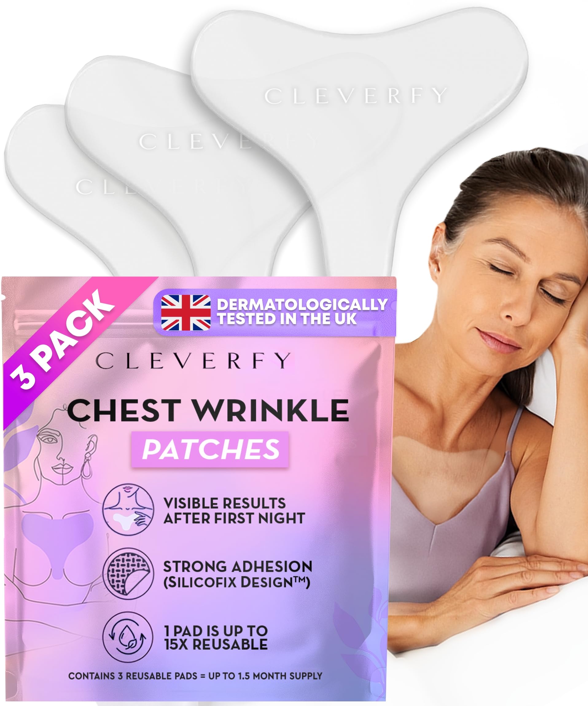 CLEVERFY Silicone Chest Wrinkle Patches for Side Sleeping – Reusable Décolleté Anti-Wrinkle Chest Pads for Overnight Line Prevention (3 Pack, T-Shape)